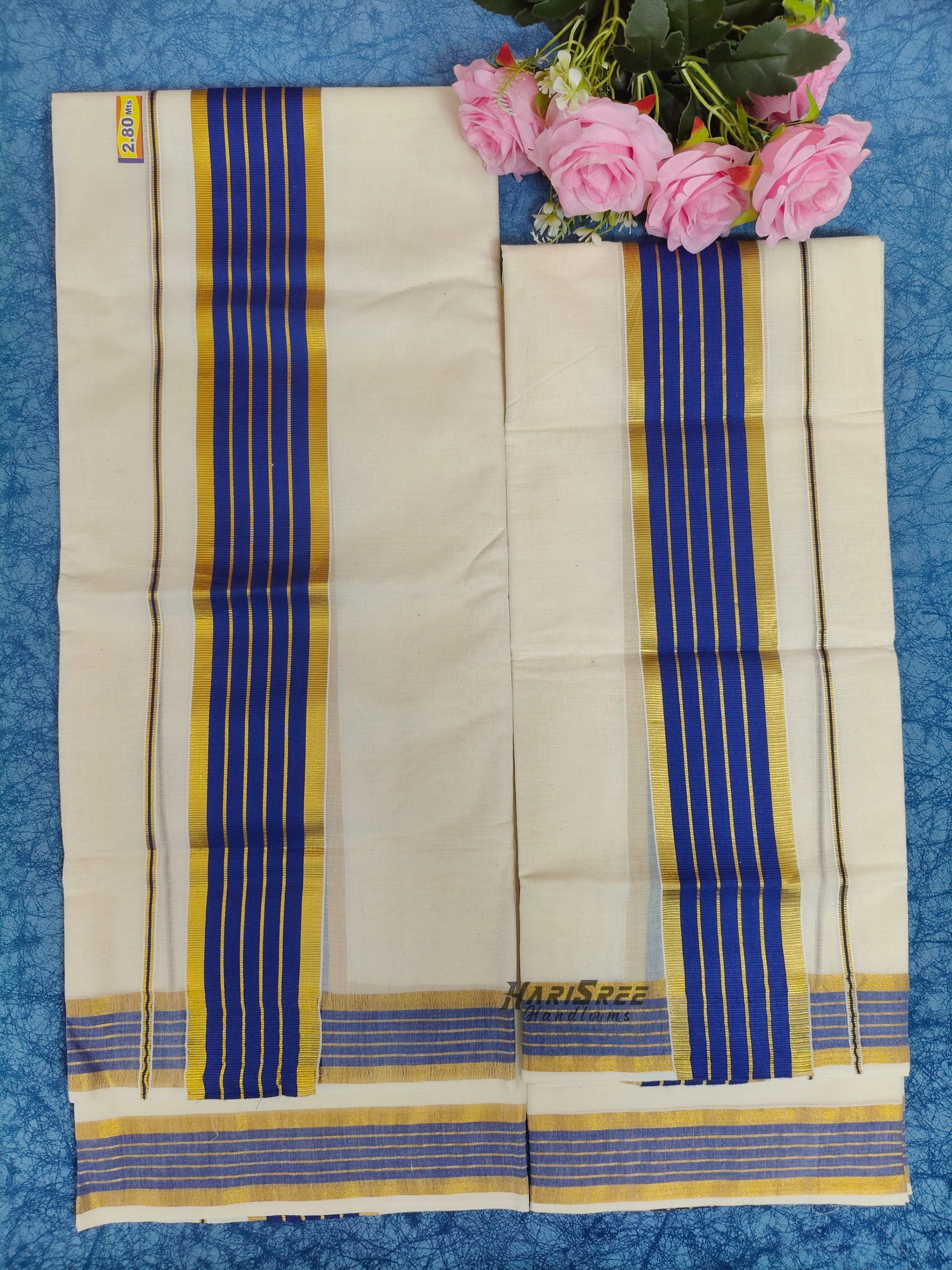 2x3 Color & Kasavu Strips Fancy Set Mundu - PMH104 - Image 2