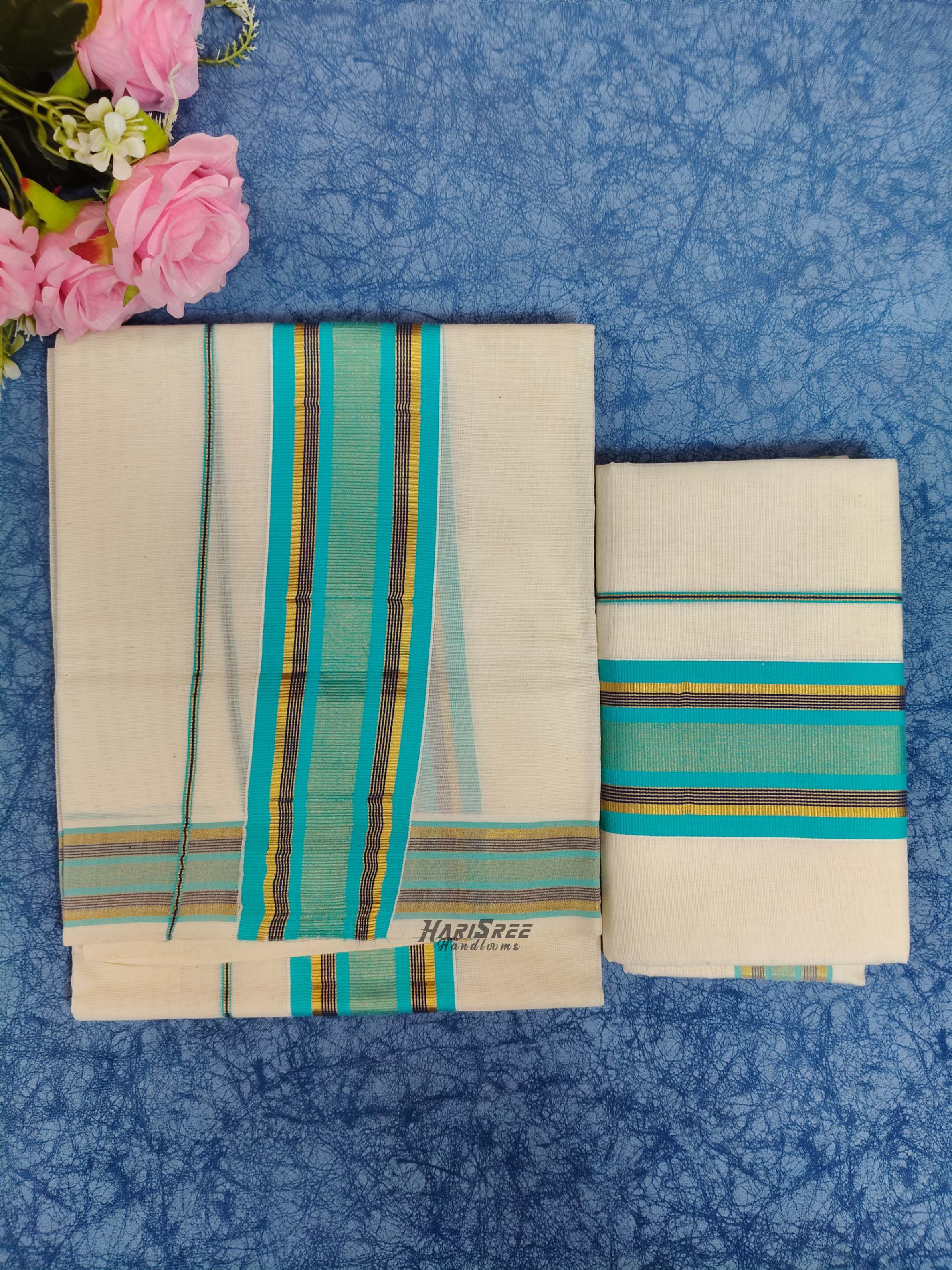 2x3 Color & Kasavu Fancy Set Mundu Cotton - PMH105  - Image 5