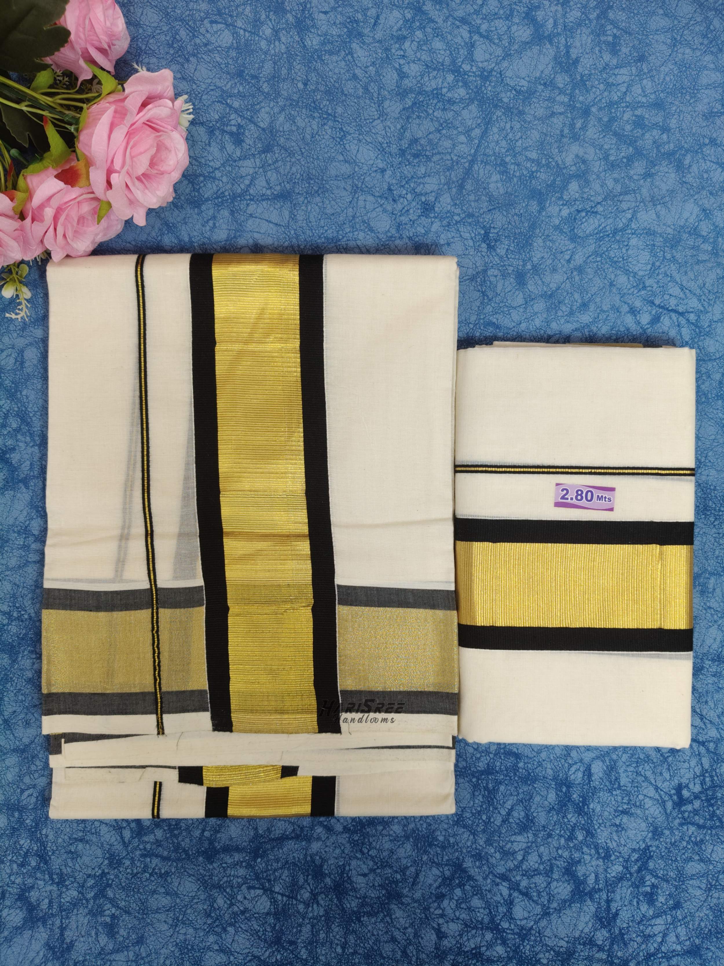 Pure Cotton 3x3 Black Color & Kasavu Fancy Set Mundu - PMH107