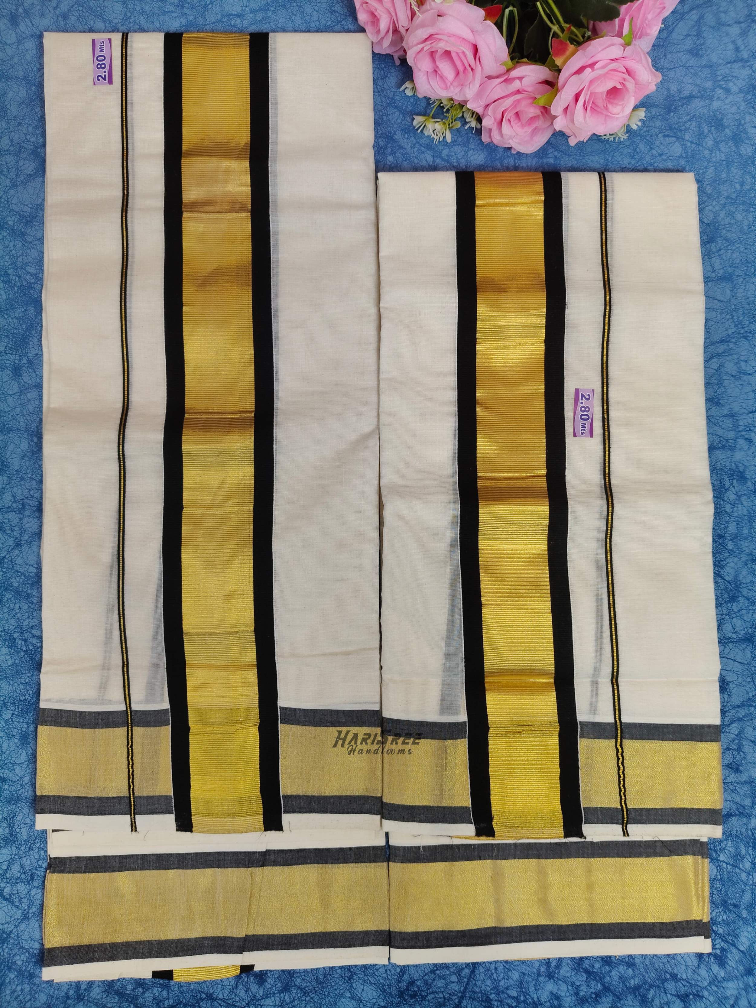 Pure Cotton 3x3 Black Color & Kasavu Fancy Set Mundu - PMH107