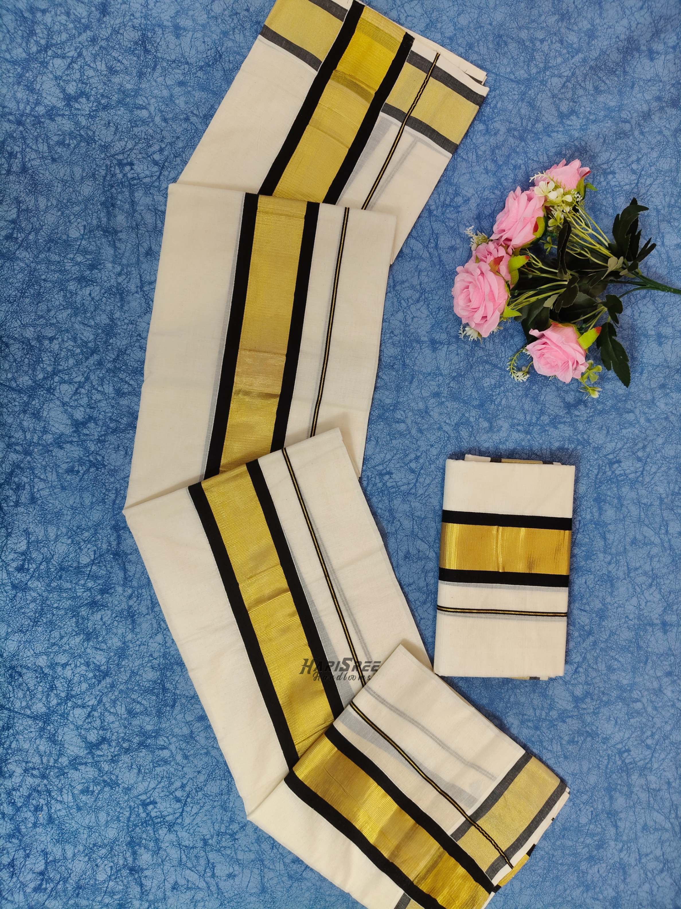 Pure Cotton 3x3 Black Color & Kasavu Fancy Set Mundu - PMH107 - Image 3