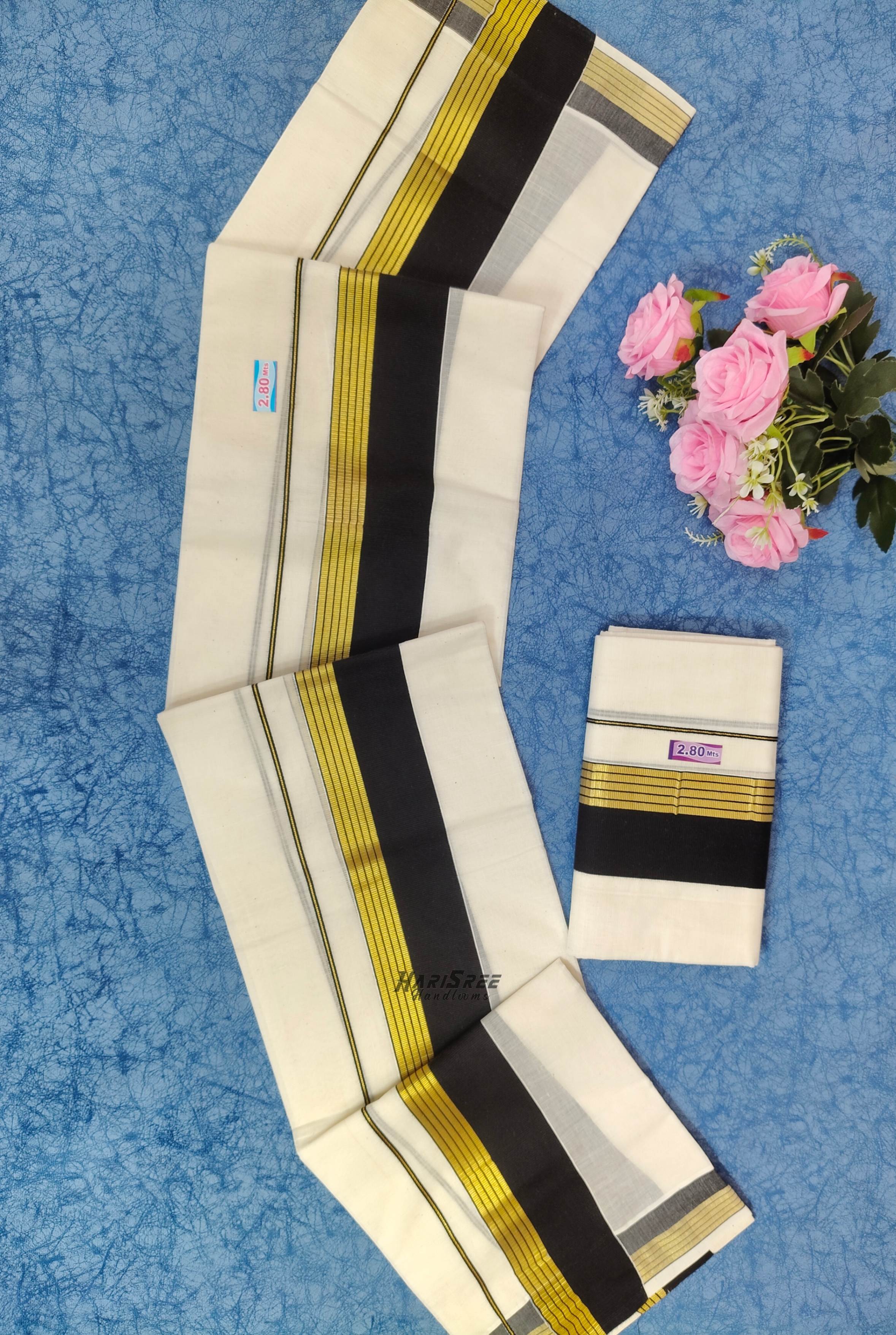 Pure Cotton 2x3 Black Color & Kasavu Fancy Set Mundu - PMH108