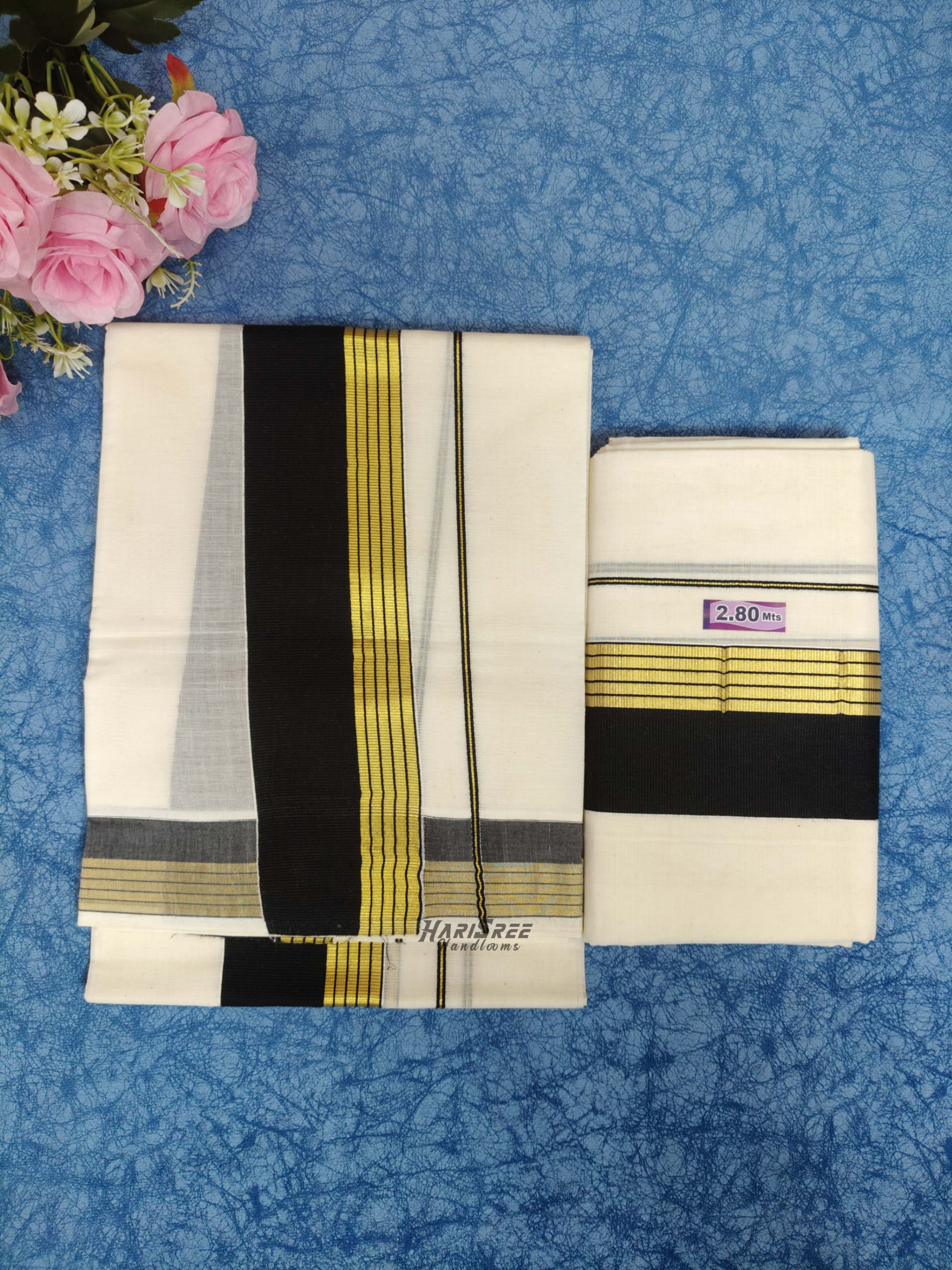 Pure Cotton 2x3 Black Color & Kasavu Fancy Set Mundu - PMH108