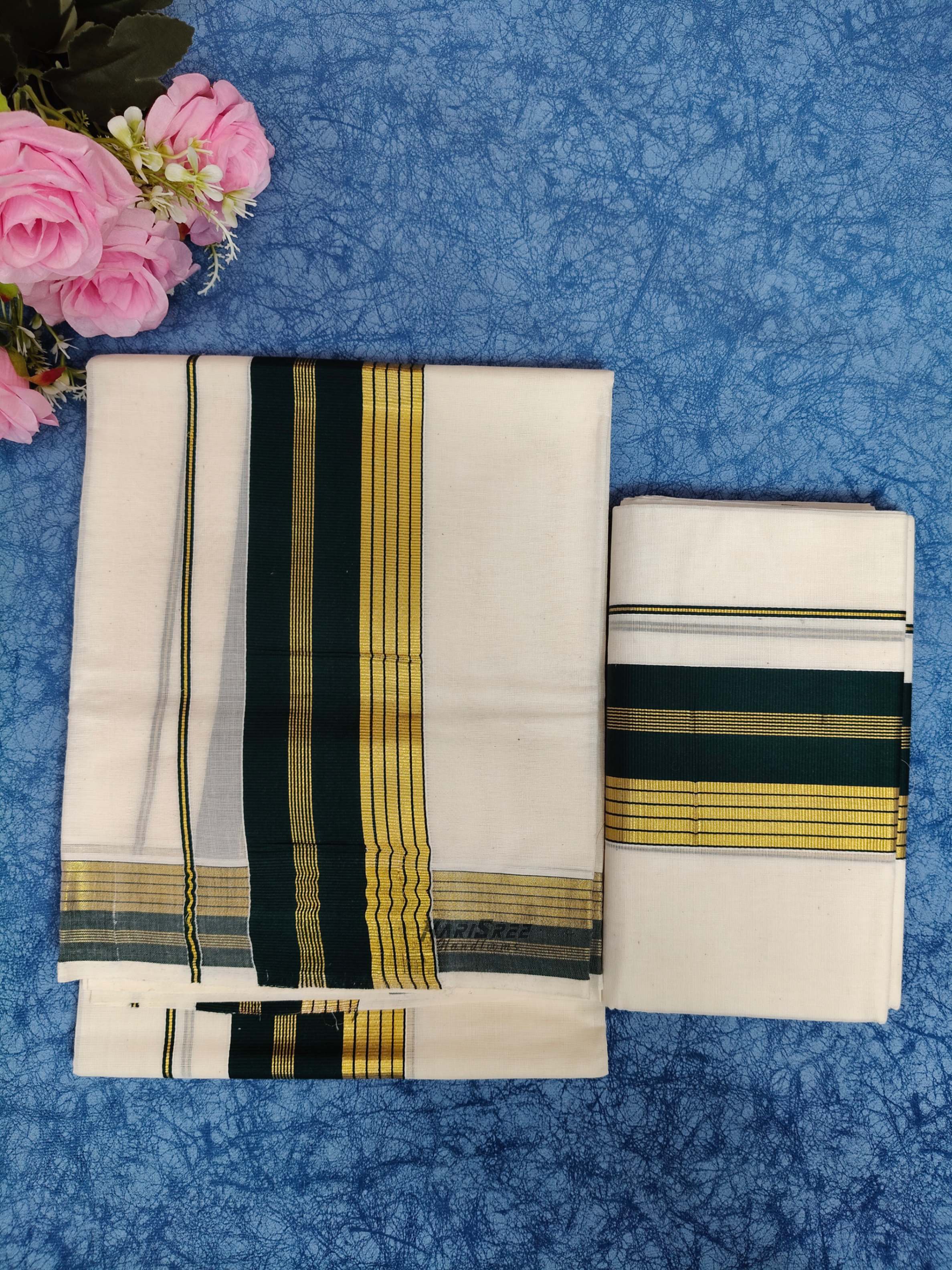 Pure Cotton 2x3 Dark Green Color & Kasavu Fancy Set Mundu - PMH110