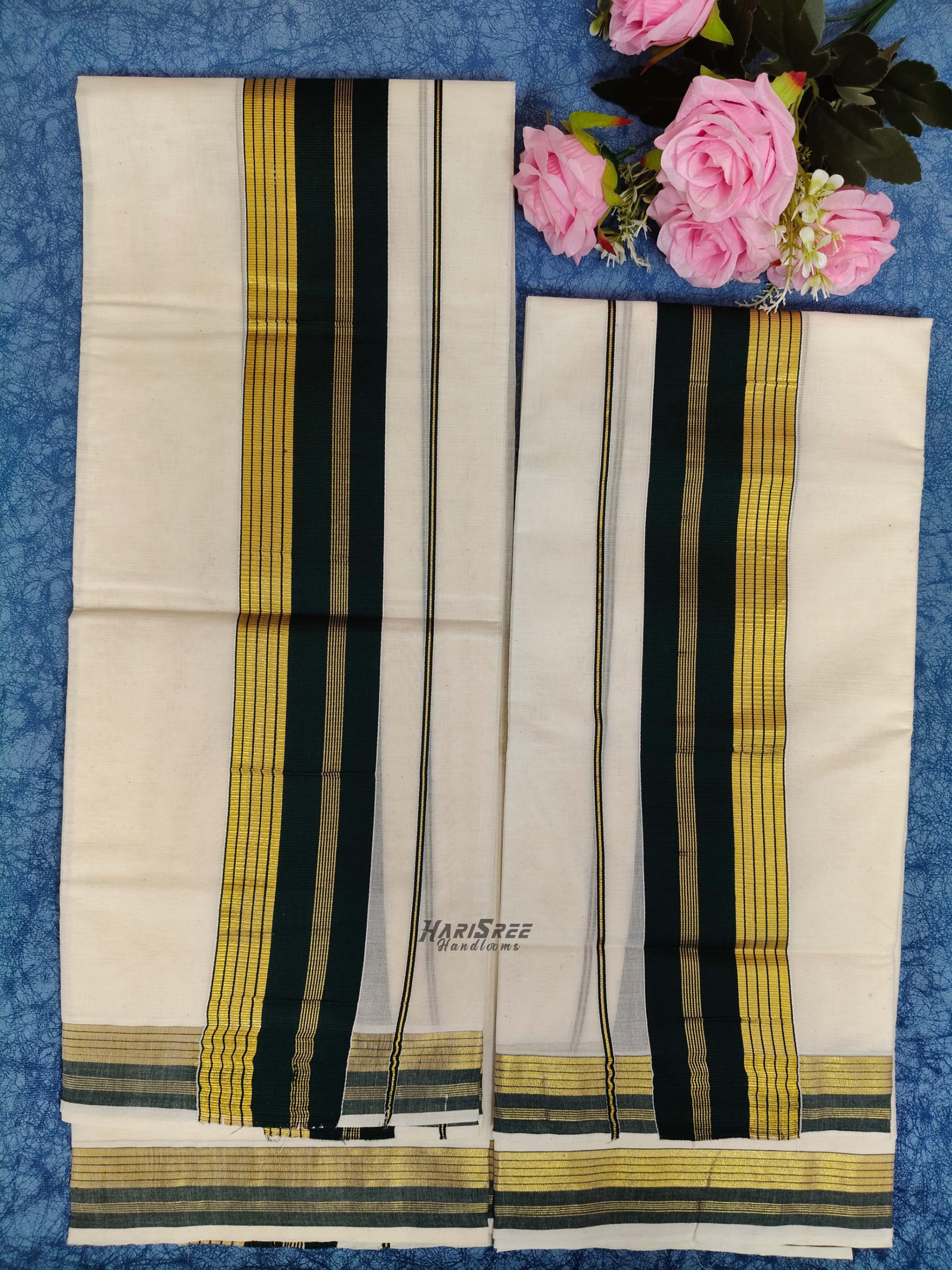 Pure Cotton 2x3 Dark Green Color & Kasavu Fancy Set Mundu - PMH110 - Image 3