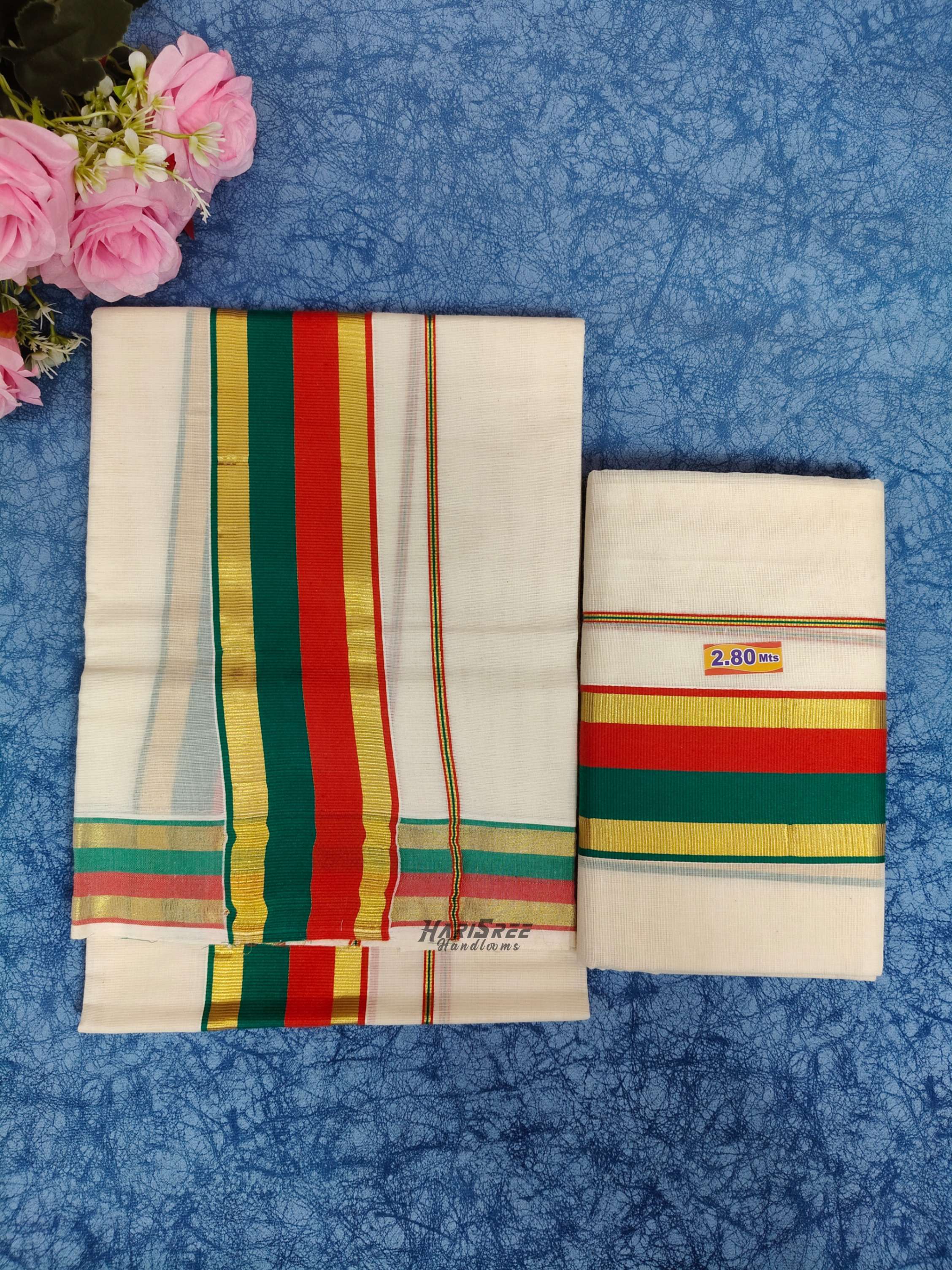 Pure Cotton 2x3 Double Color & Kasavu Fancy Set Mundu - PMH111