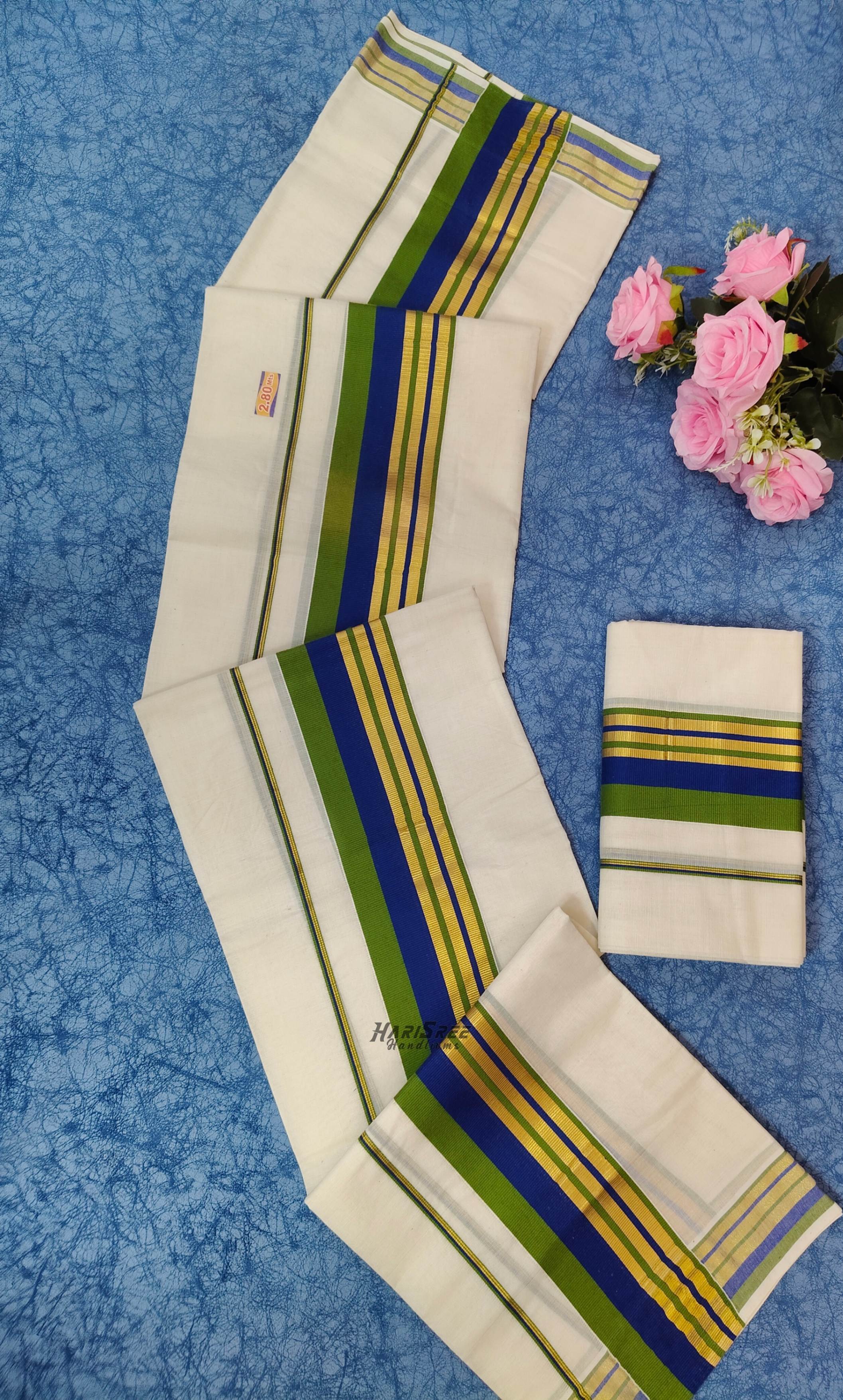  Pure Cotton 2x3 Blue and Green Color Set Mundu  - PMH112