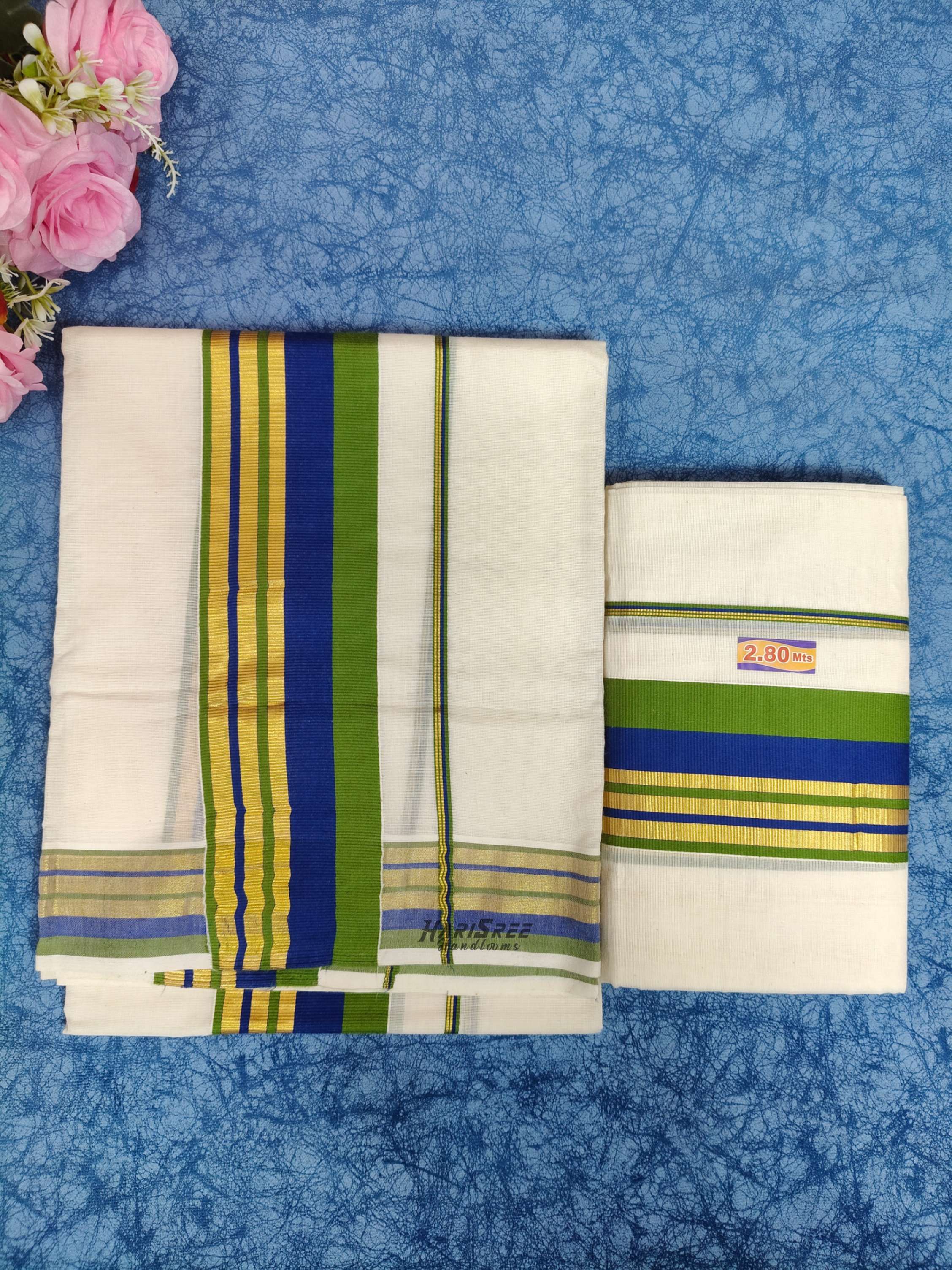  Pure Cotton 2x3 Blue and Green Color Set Mundu  - PMH112