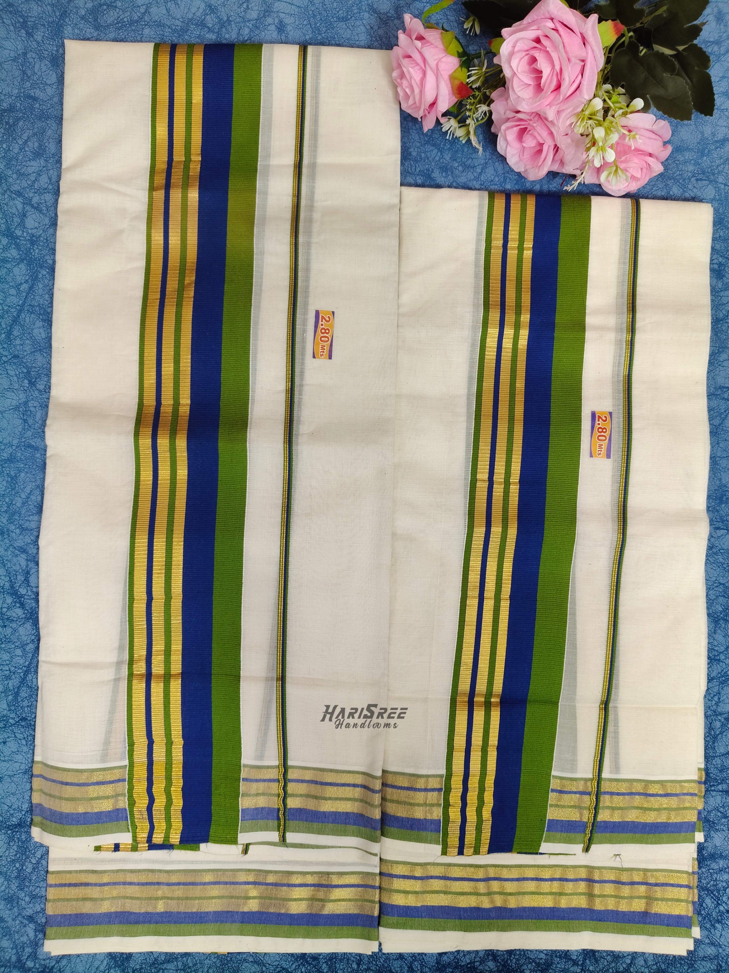  Pure Cotton 2x3 Blue and Green Color Set Mundu  - PMH112 - Image 3