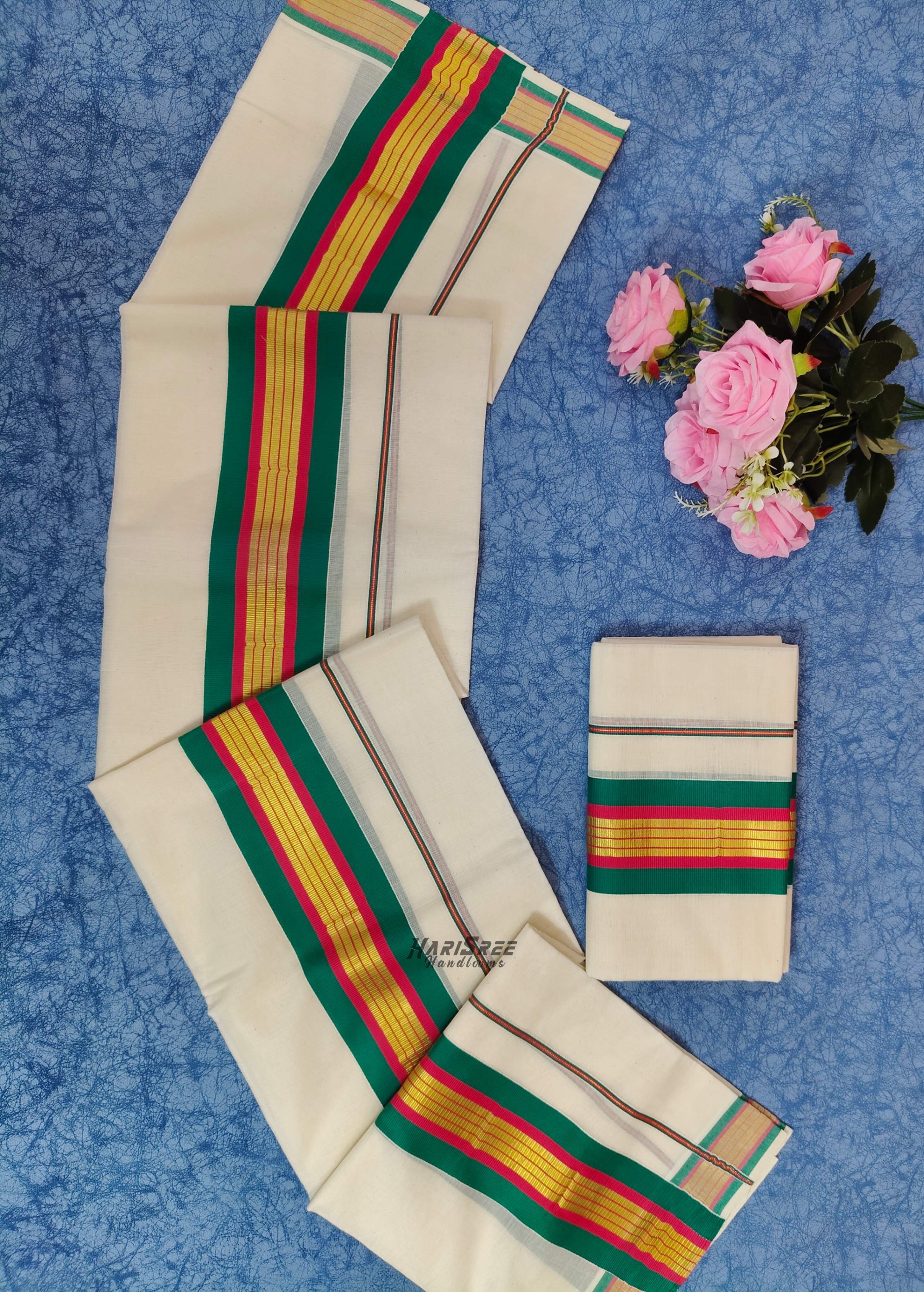 Pure Cotton 2x3 Green, Chilly Red Kasavu Strips Kara Set Mundu - PMH113