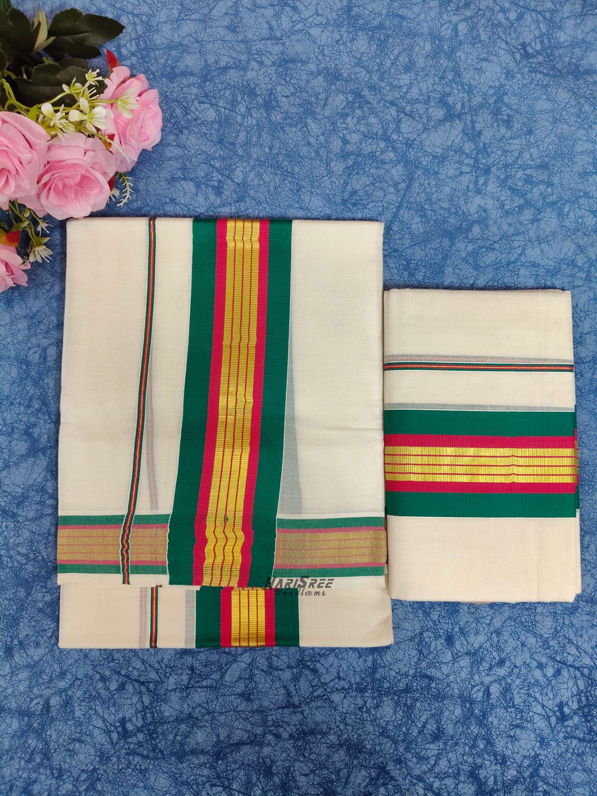 Pure Cotton 2x3 Green, Chilly Red Kasavu Strips Kara Set Mundu - PMH113