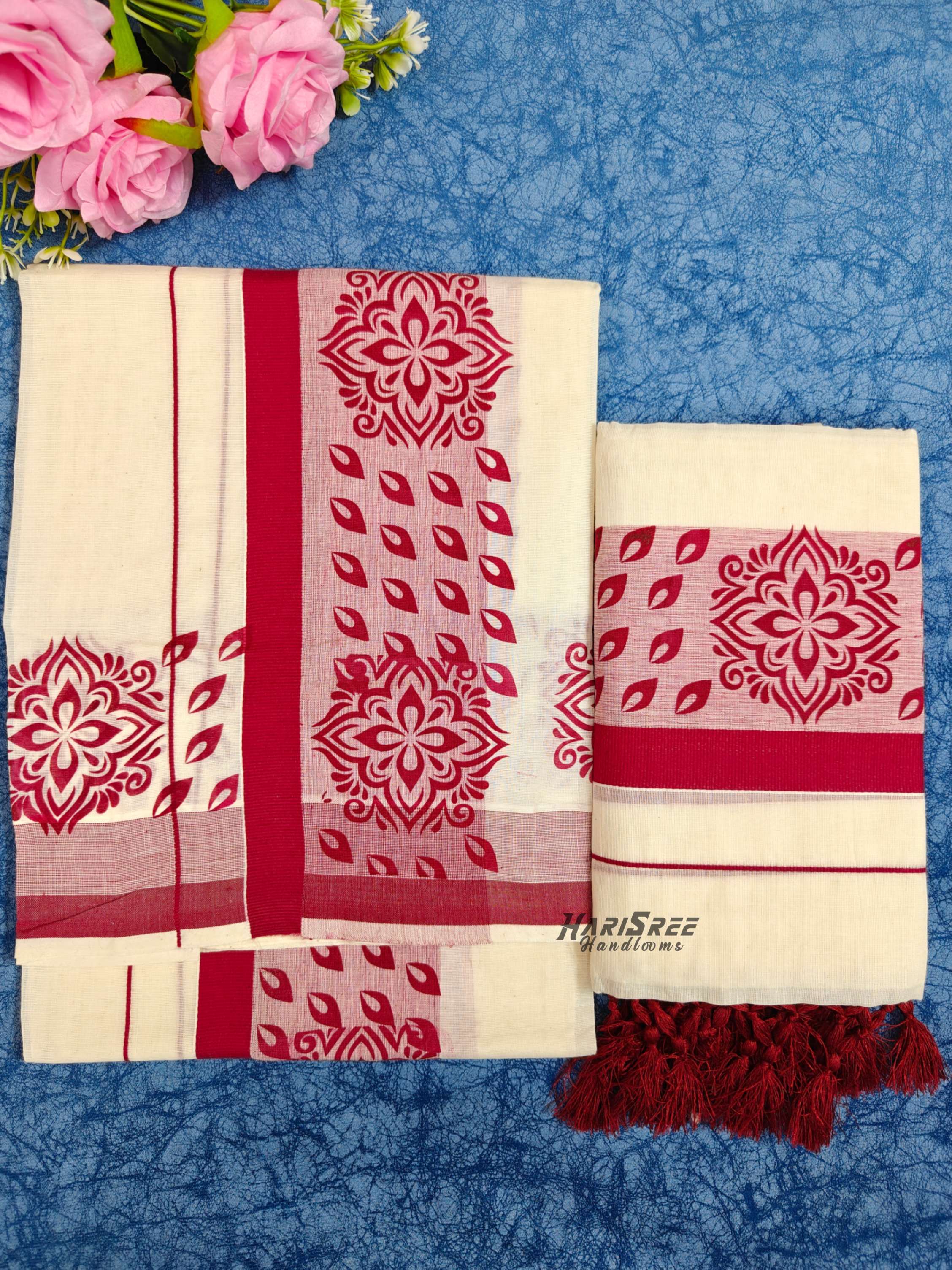 Cotton Big Boder Pinted Set Mundu With Tassels - HS2015