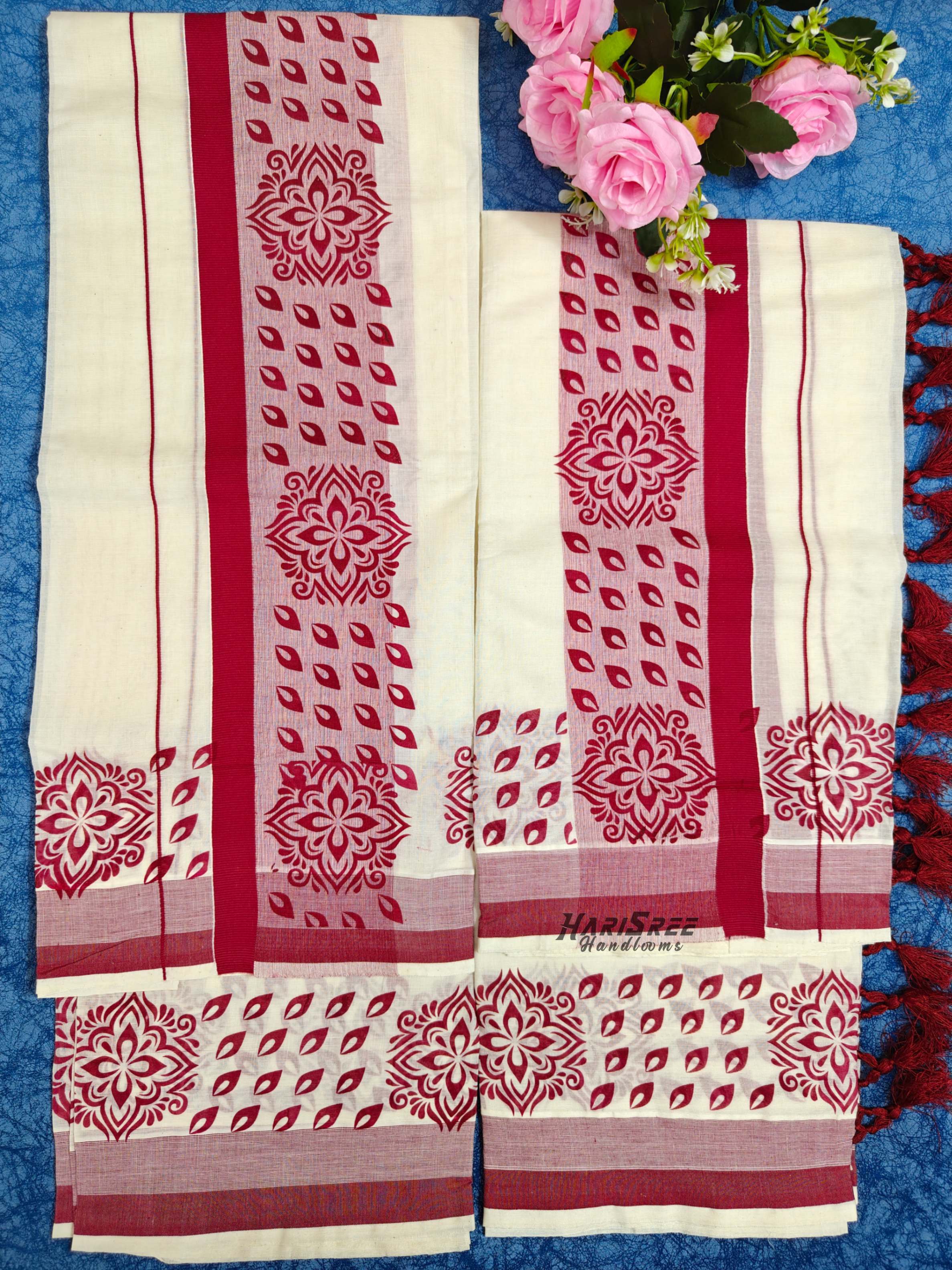 Cotton Big Boder Pinted Set Mundu With Tassels - HS2015 - Image 2