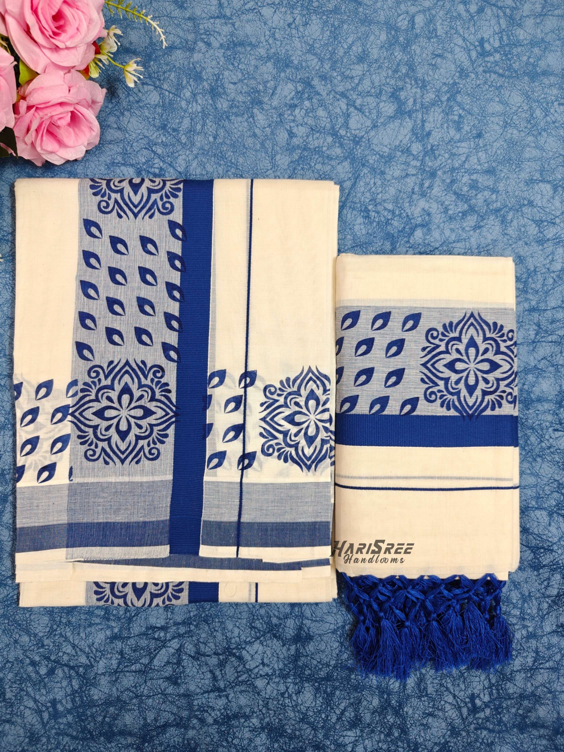 Cotton Big Boder Pinted Set Mundu With Tassels - HS2015 - Image 3