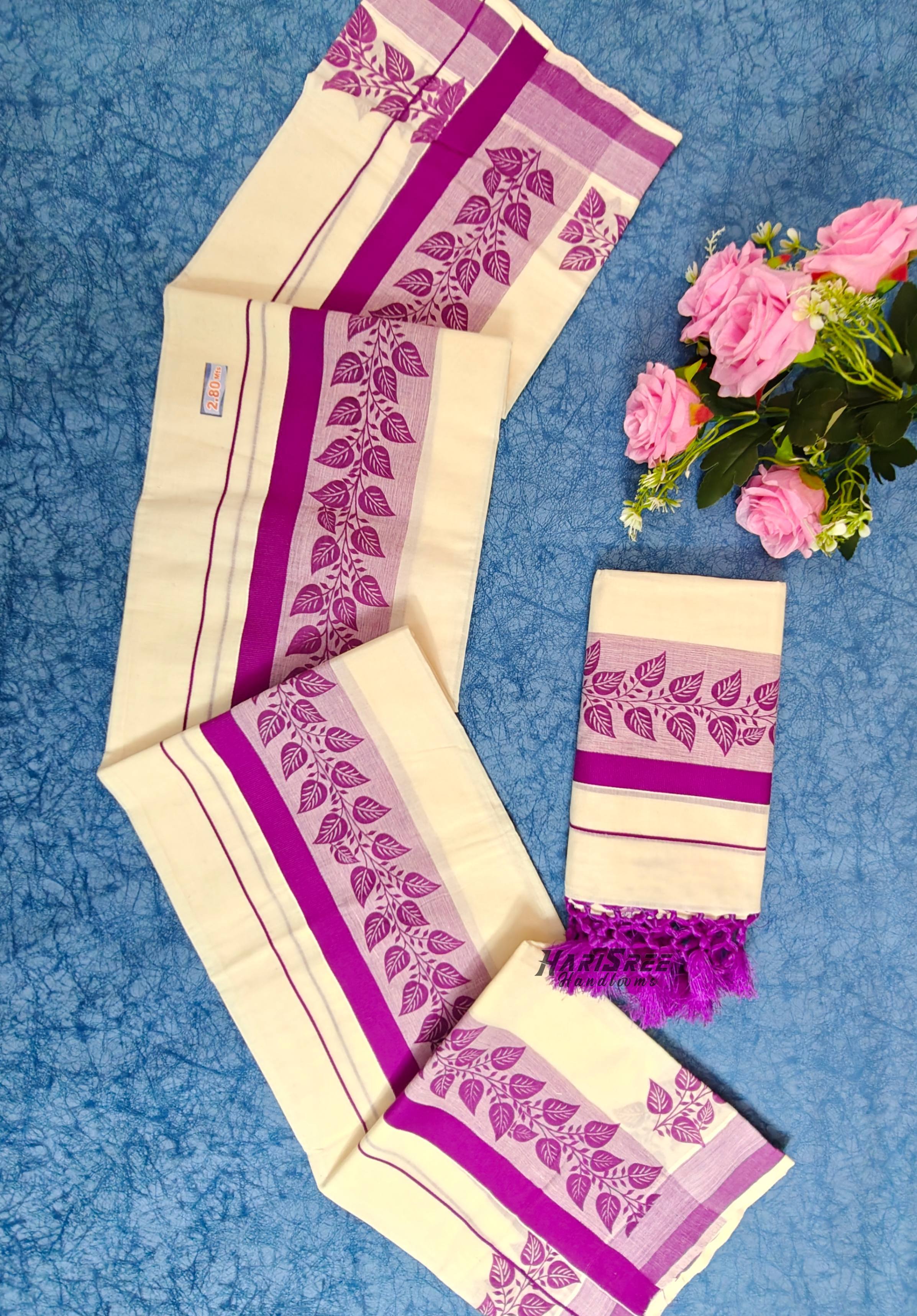 Pure Cotton Big Boder violet Color Printed Set Mundu With Tassels - HS2016