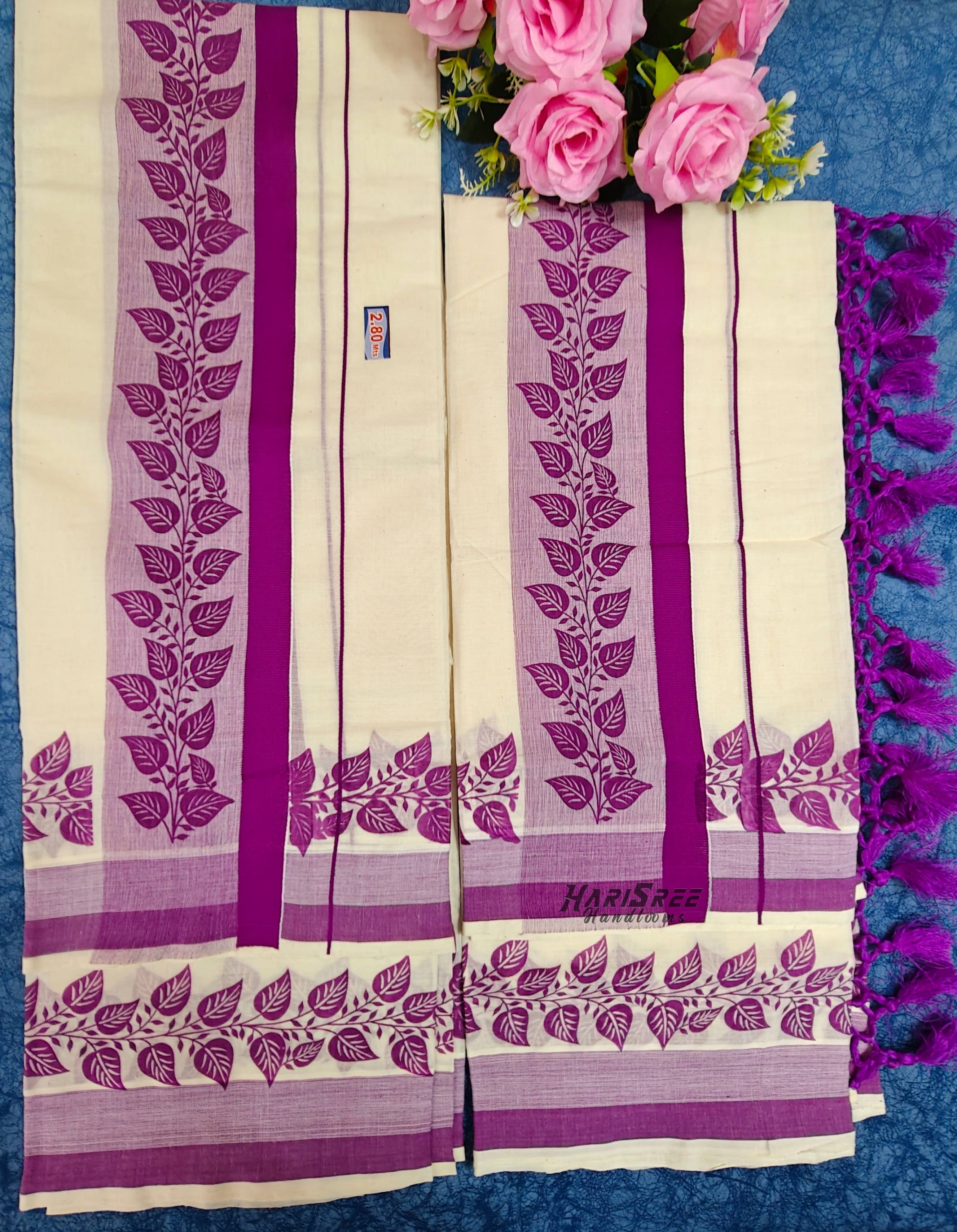 Pure Cotton Big Boder violet Color Printed Set Mundu With Tassels - HS2016 - Image 3