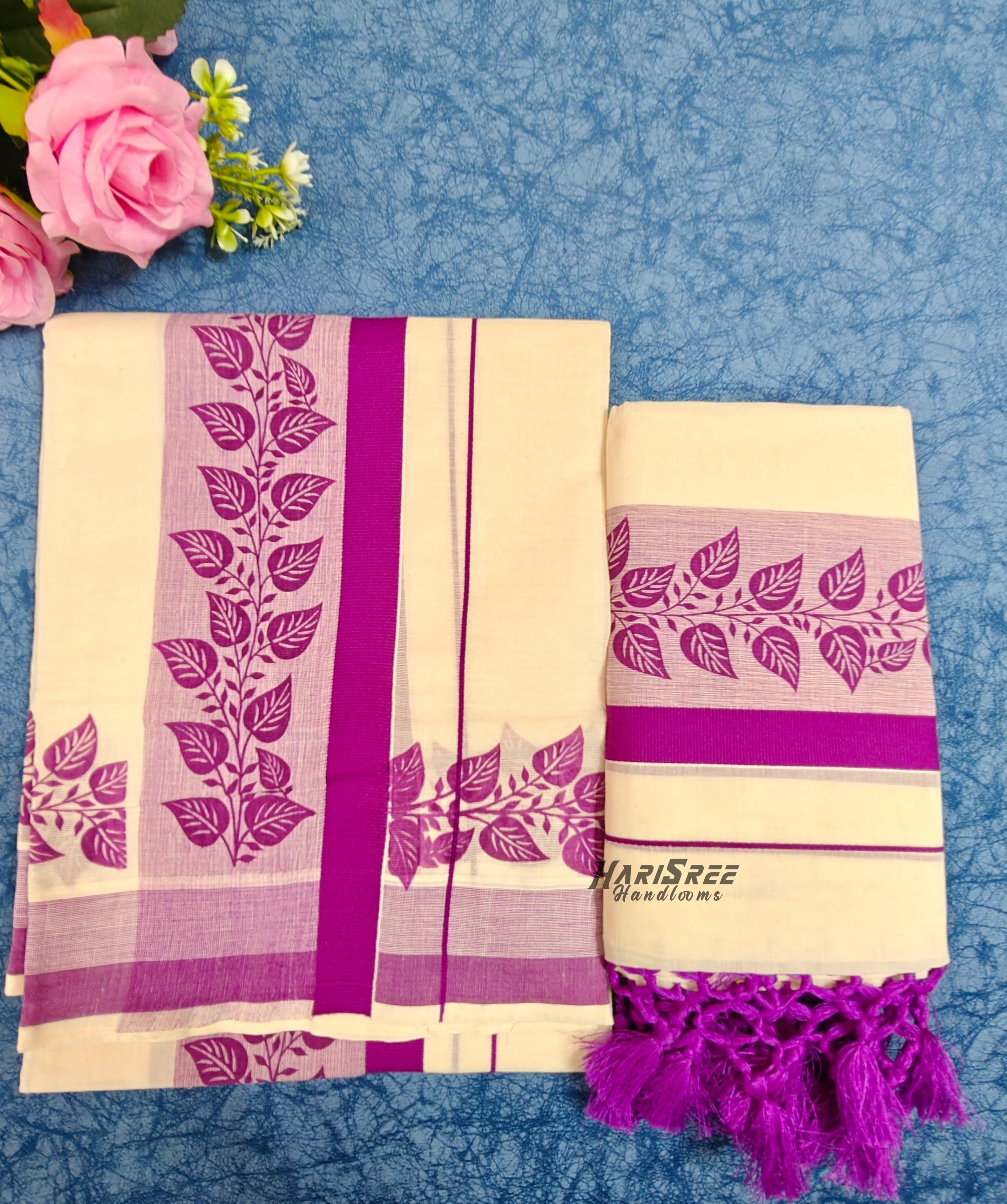 Pure Cotton Big Boder violet Color Printed Set Mundu With Tassels - HS2016 - Image 2