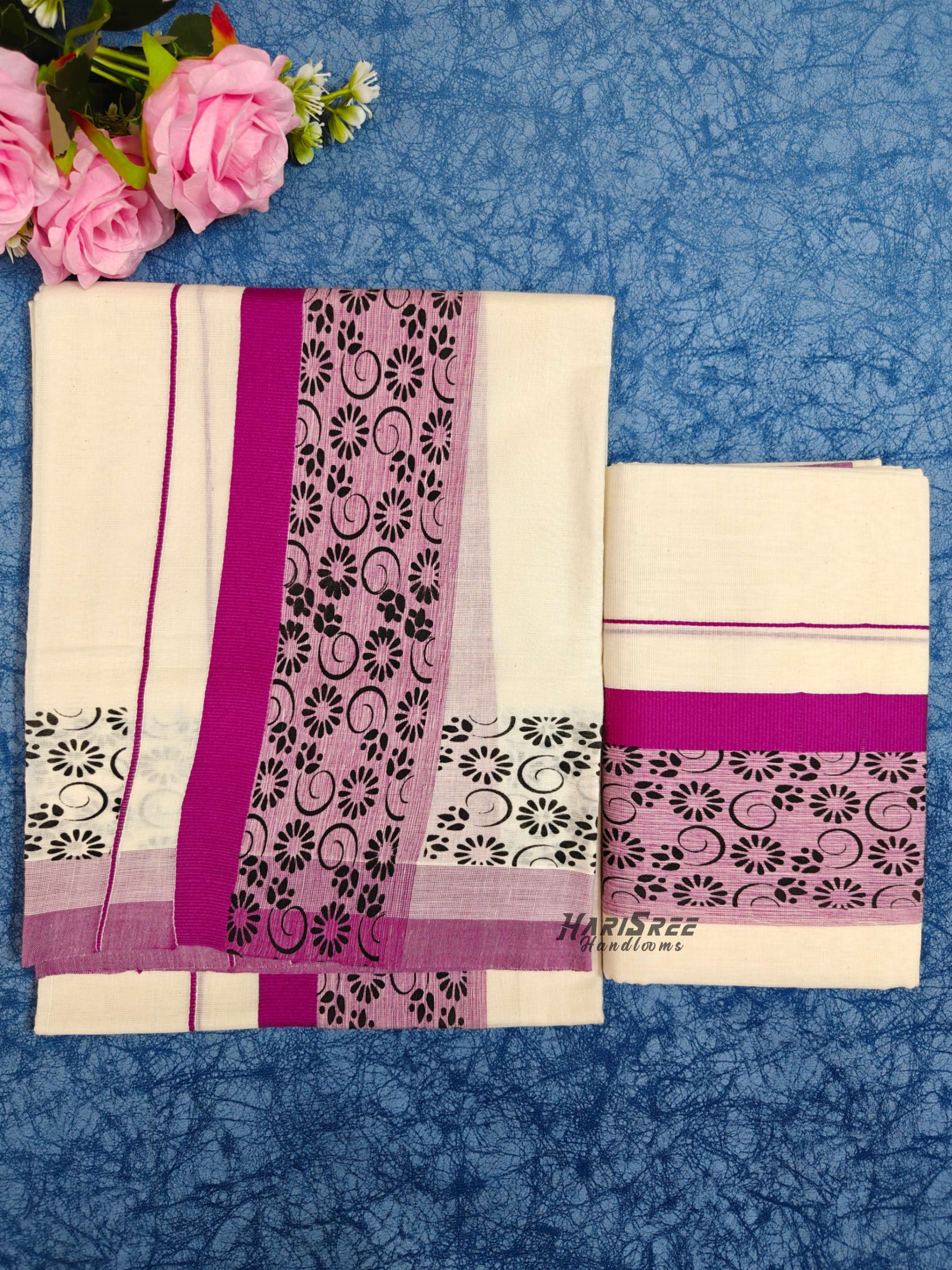 Pure Cotton Big Boder Black Color Printed Set Mundu - HS2017