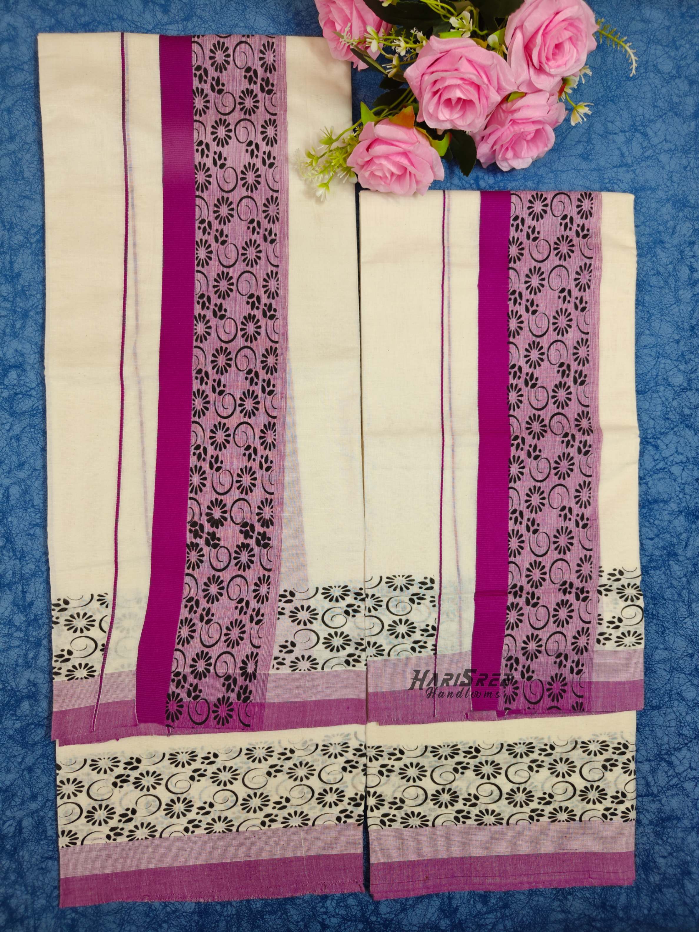 Pure Cotton Big Boder Black Color Printed Set Mundu - HS2017 - Image 2