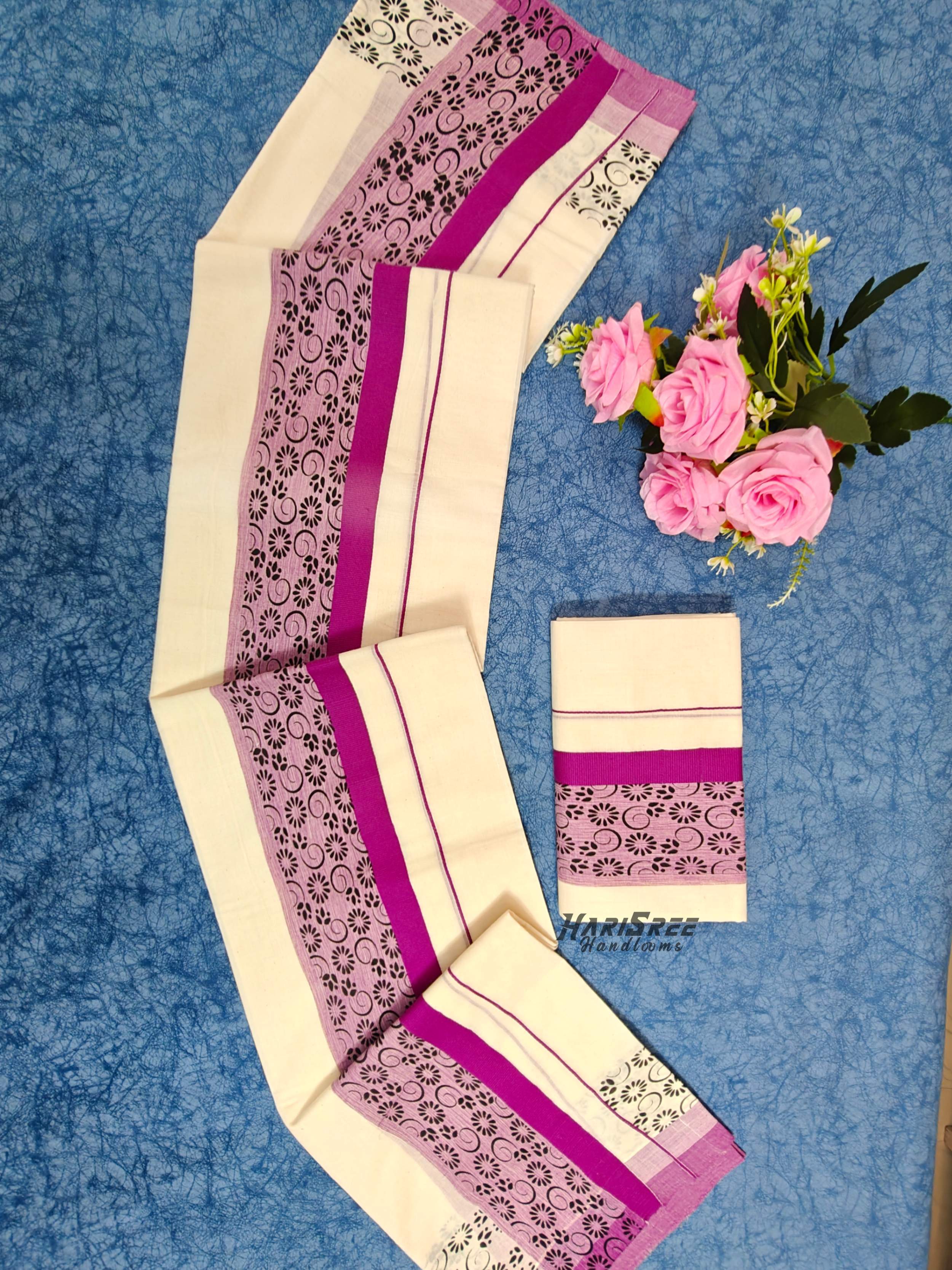 Pure Cotton Big Boder Black Color Printed Set Mundu - HS2017 - Image 3