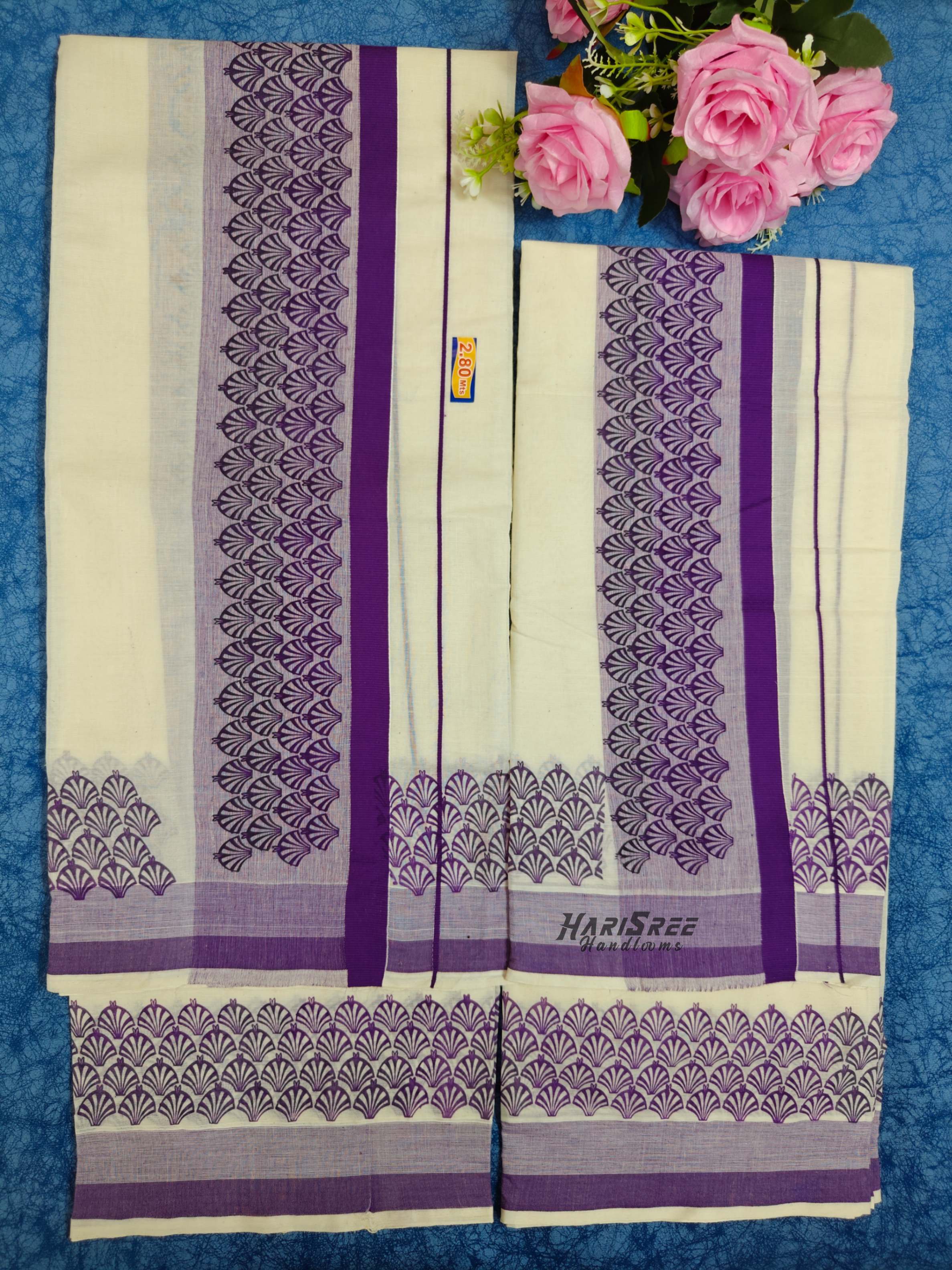 Pure Cotton Big Boder Dark Purple Color Printed Set Mundu - HS2018 - Image 2