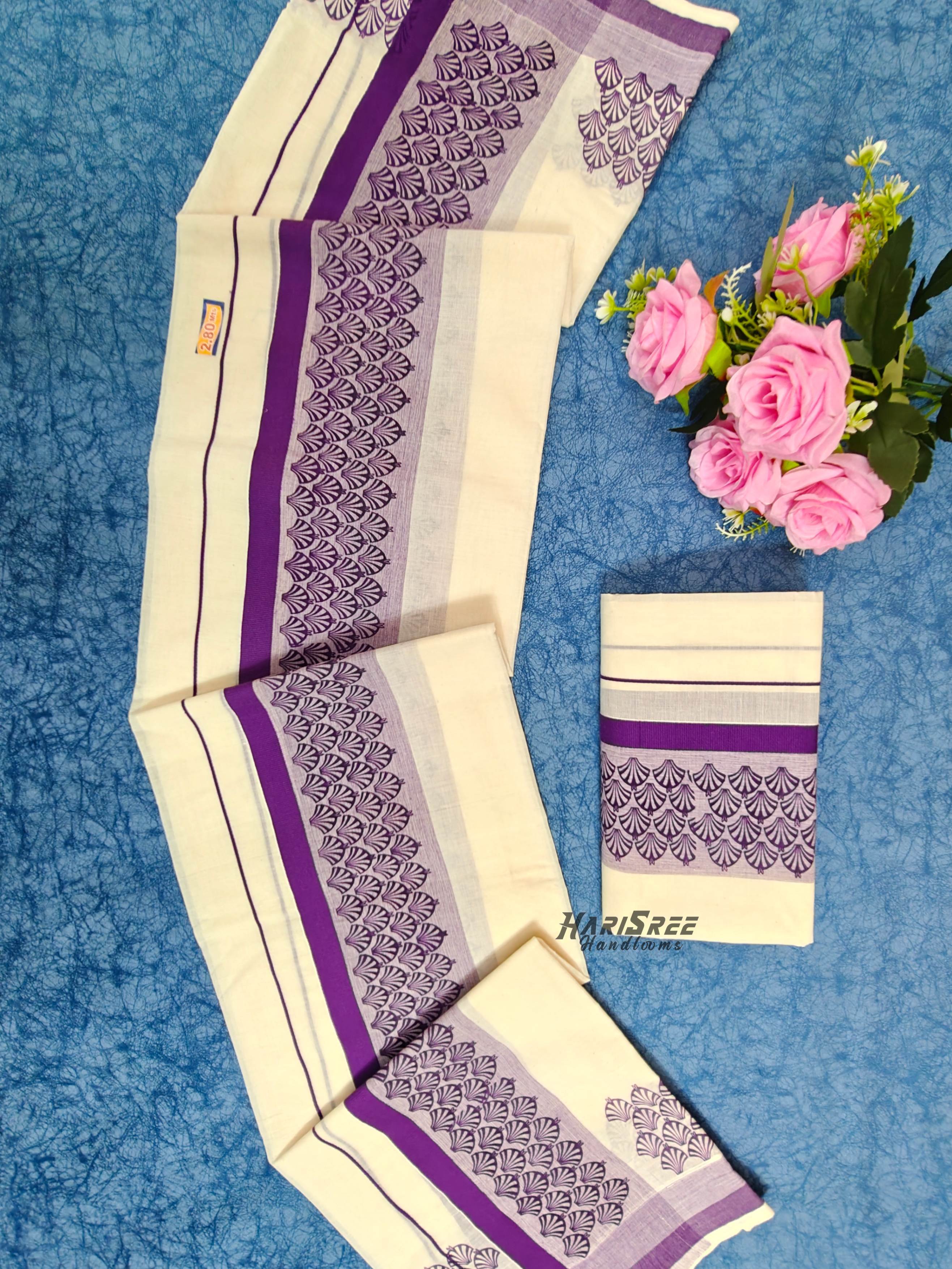 Pure Cotton Big Boder Dark Purple Color Printed Set Mundu - HS2018 - Image 3