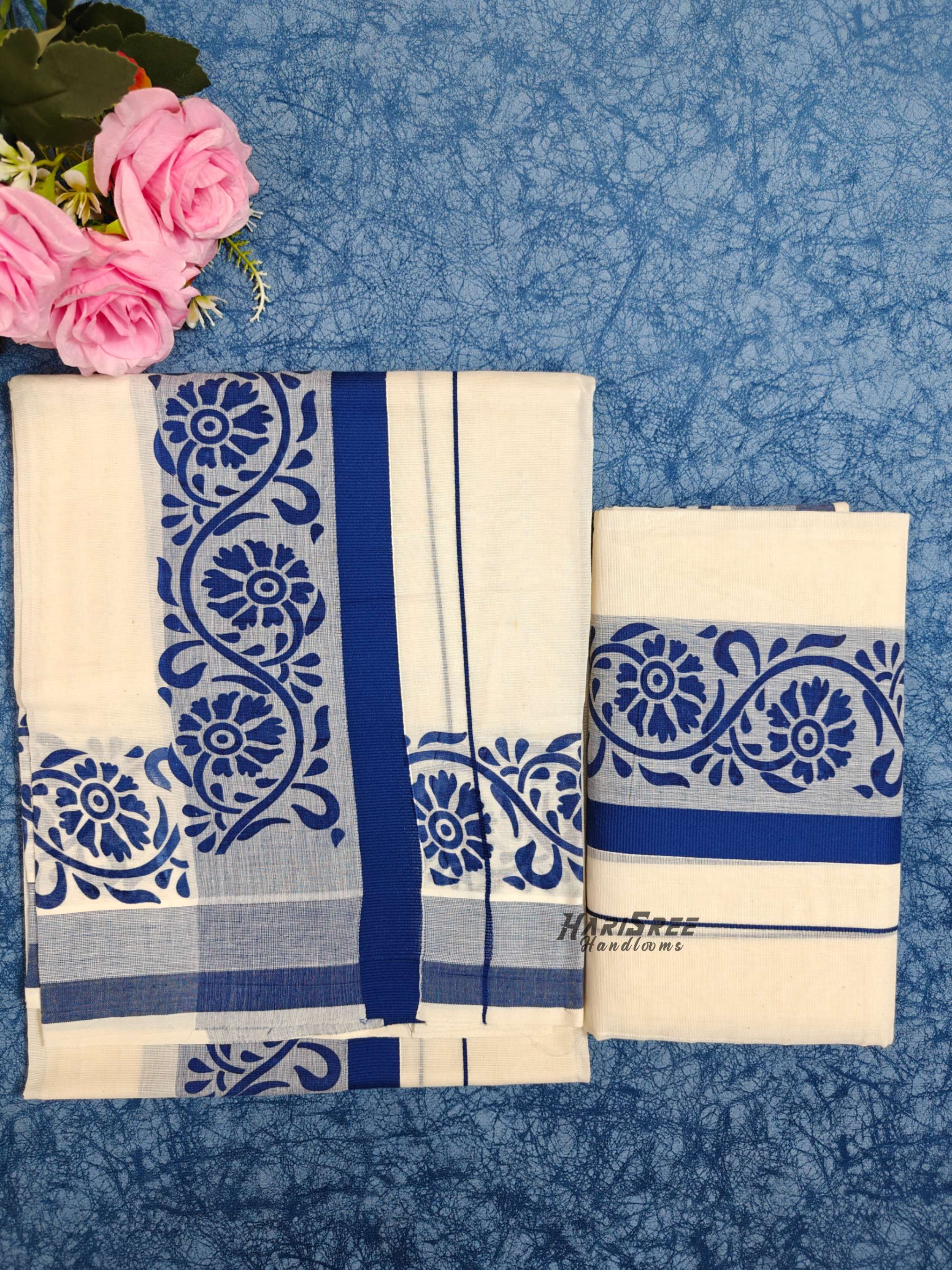 Pure Cotton Big Boder Royal Blue Color Printed Set Mundu - HS2019