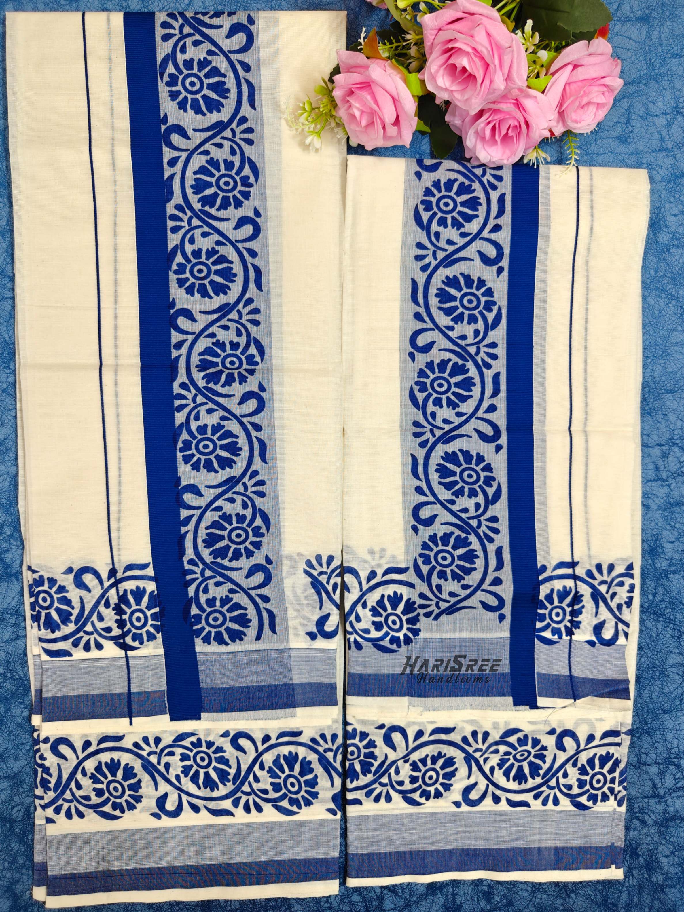 Pure Cotton Big Boder Royal Blue Color Printed Set Mundu - HS2019 - Image 2