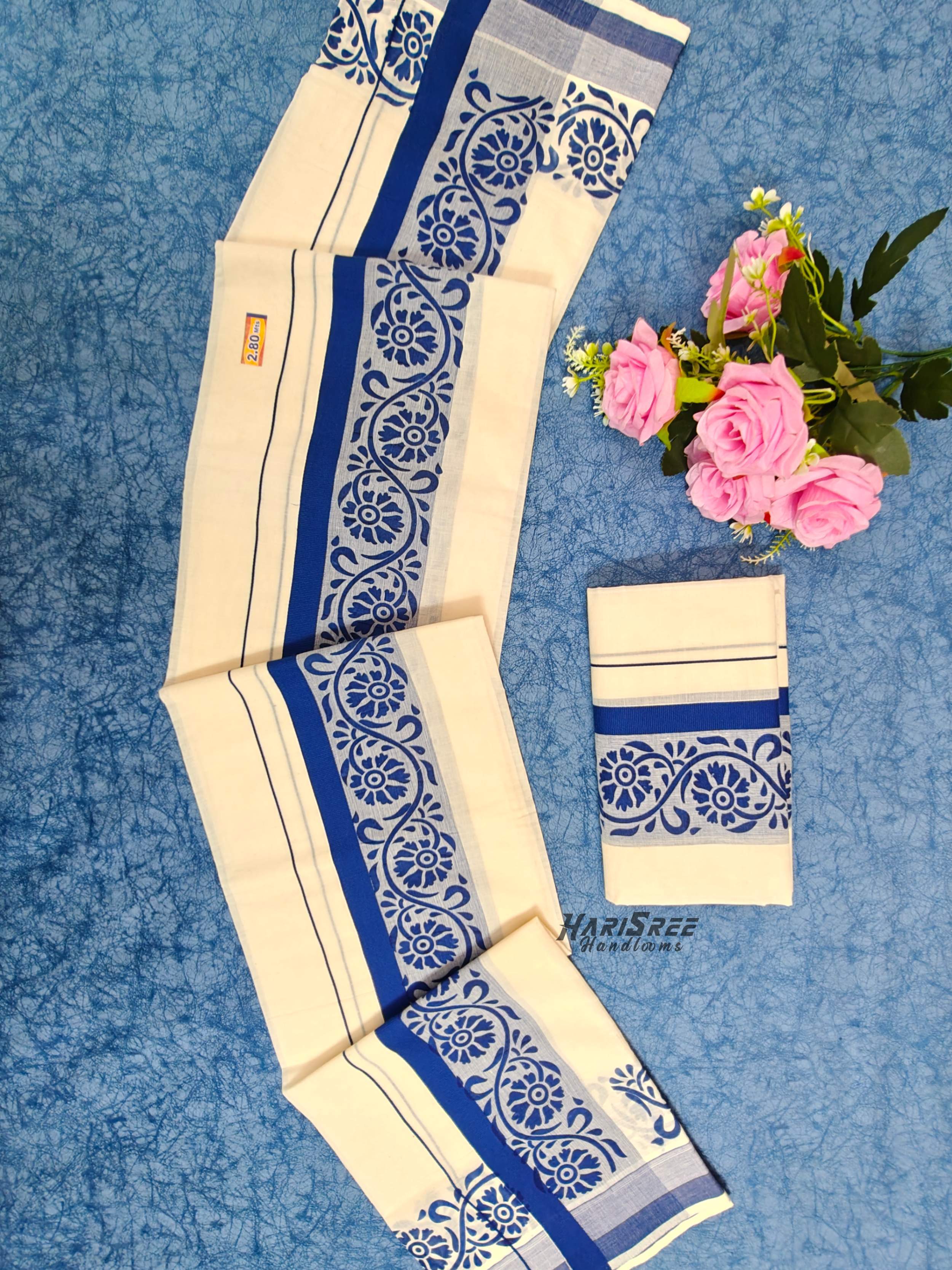 Pure Cotton Big Boder Royal Blue Color Printed Set Mundu - HS2019 - Image 3