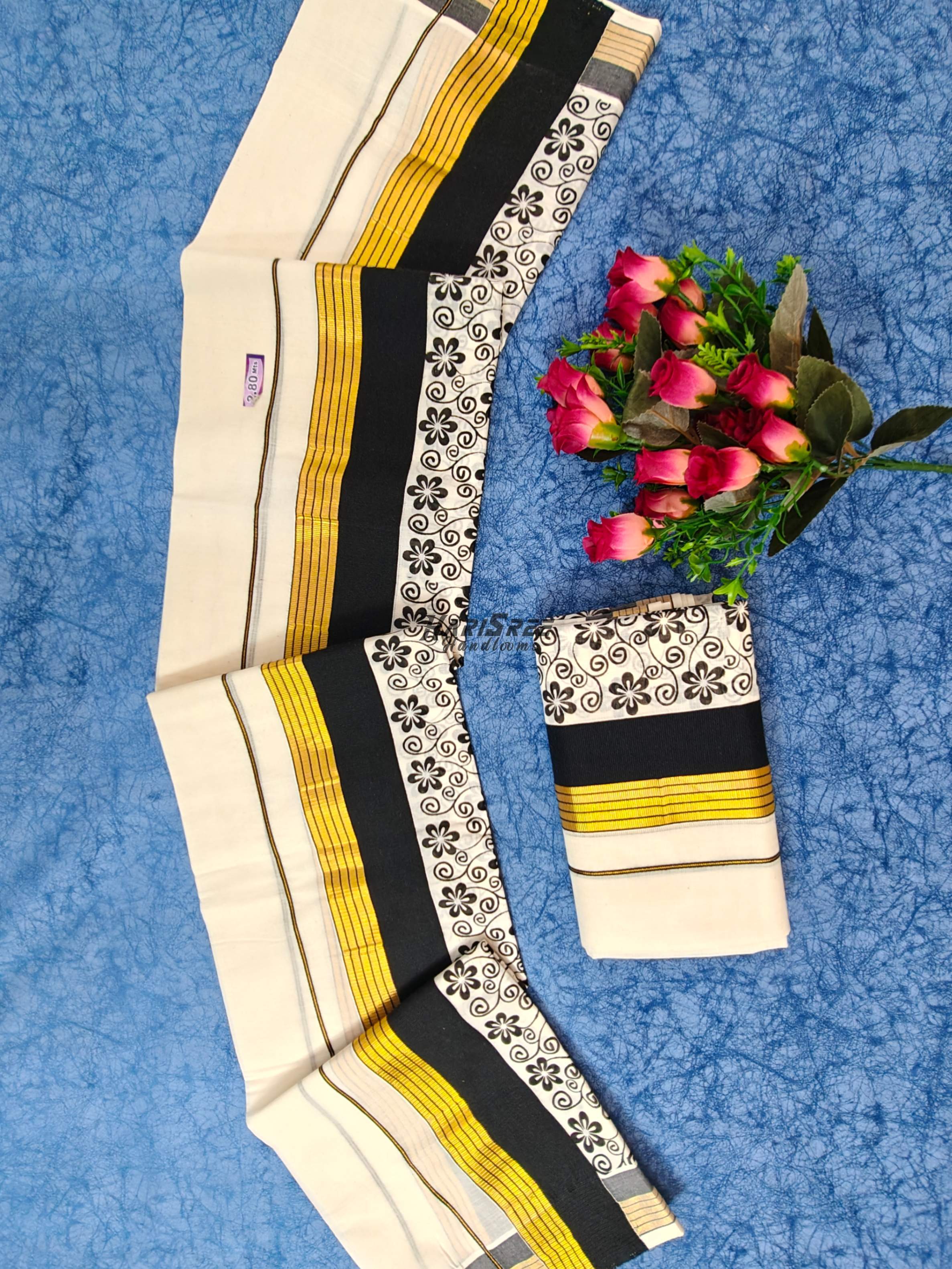 Kerala Set Mundu with Black & Gold Kasavu Border With Printed Desigin Traditional Kasavu Set Mundu - HS2020 - Image 2