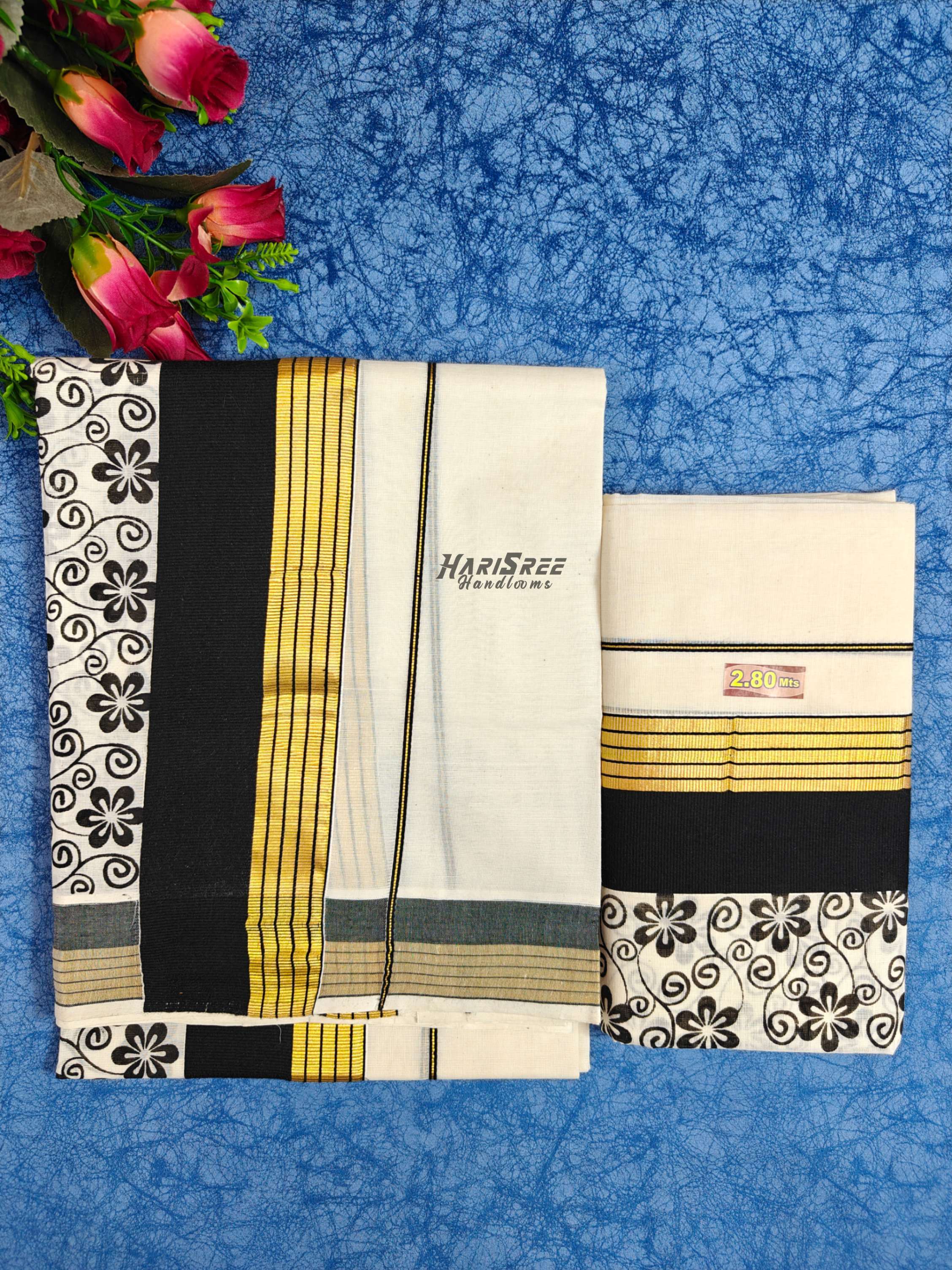 Kerala Set Mundu with Black & Gold Kasavu Border With Printed Desigin Traditional Kasavu Set Mundu - HS2020 - Image 3