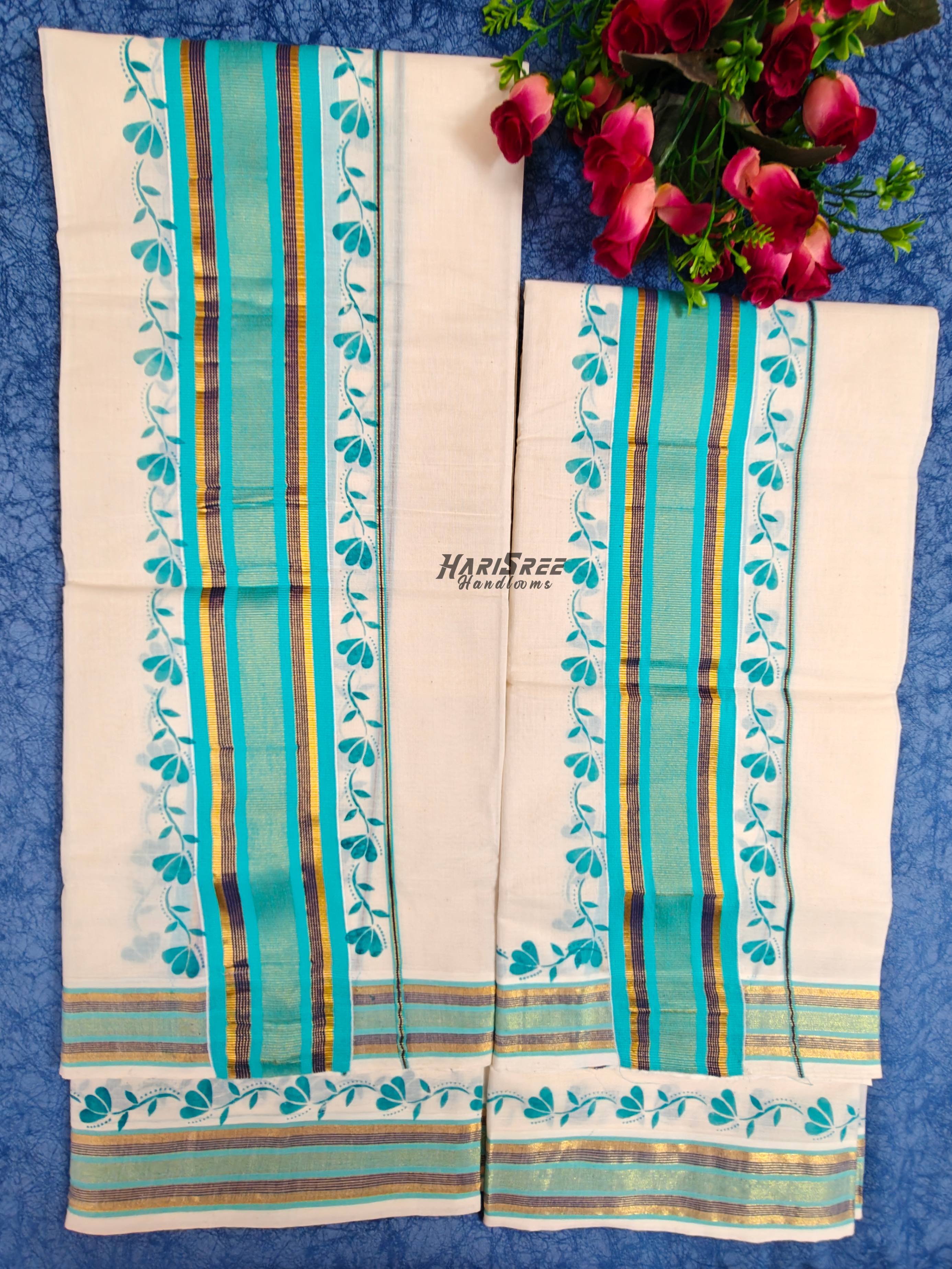 Kerala Set Mundu with Teal & Gold Kasavu Border  Floral Design - HS2022 - Image 2
