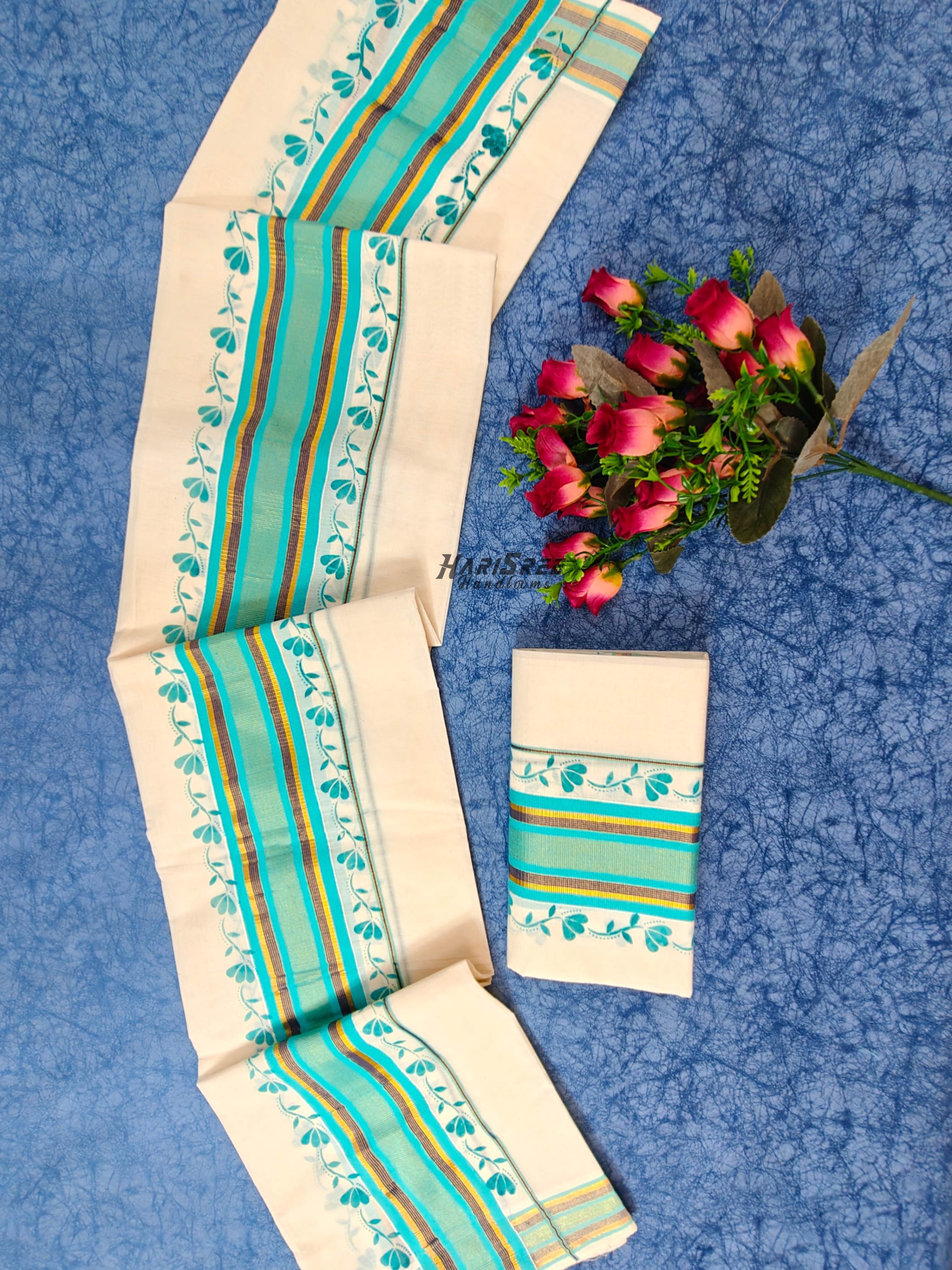 Kerala Set Mundu with Teal & Gold Kasavu Border  Floral Design - HS2022 - Image 3