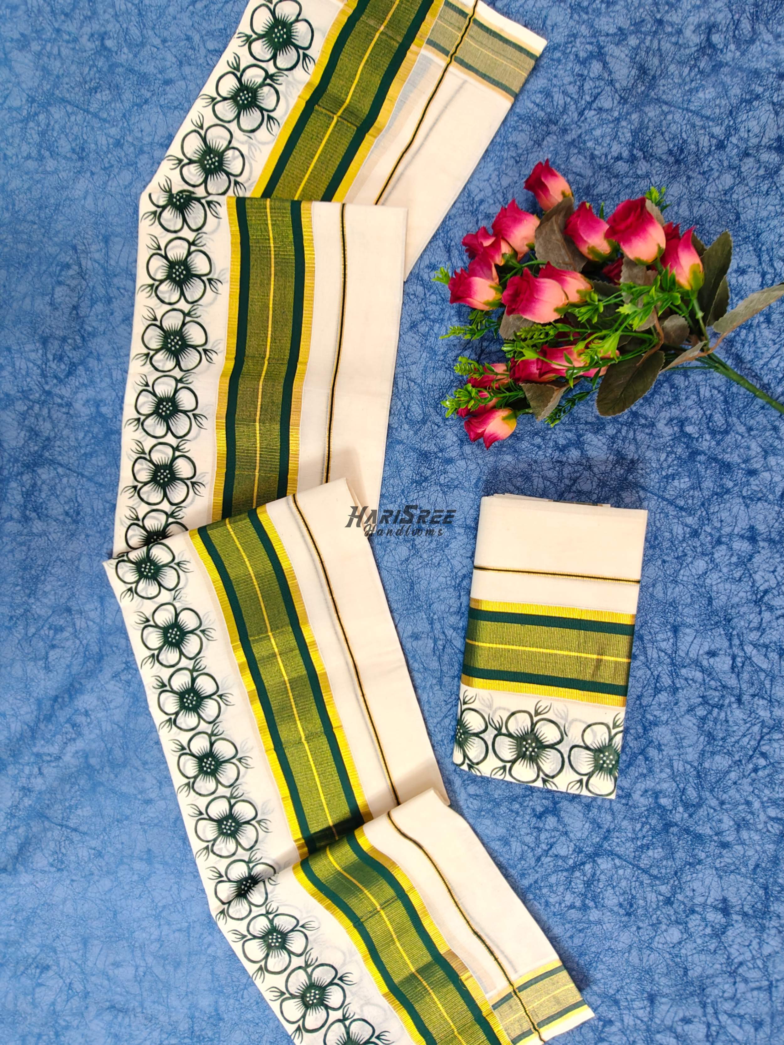 Traditional Kerala Kasavu Set Mundu – Green Floral Border - HS2023