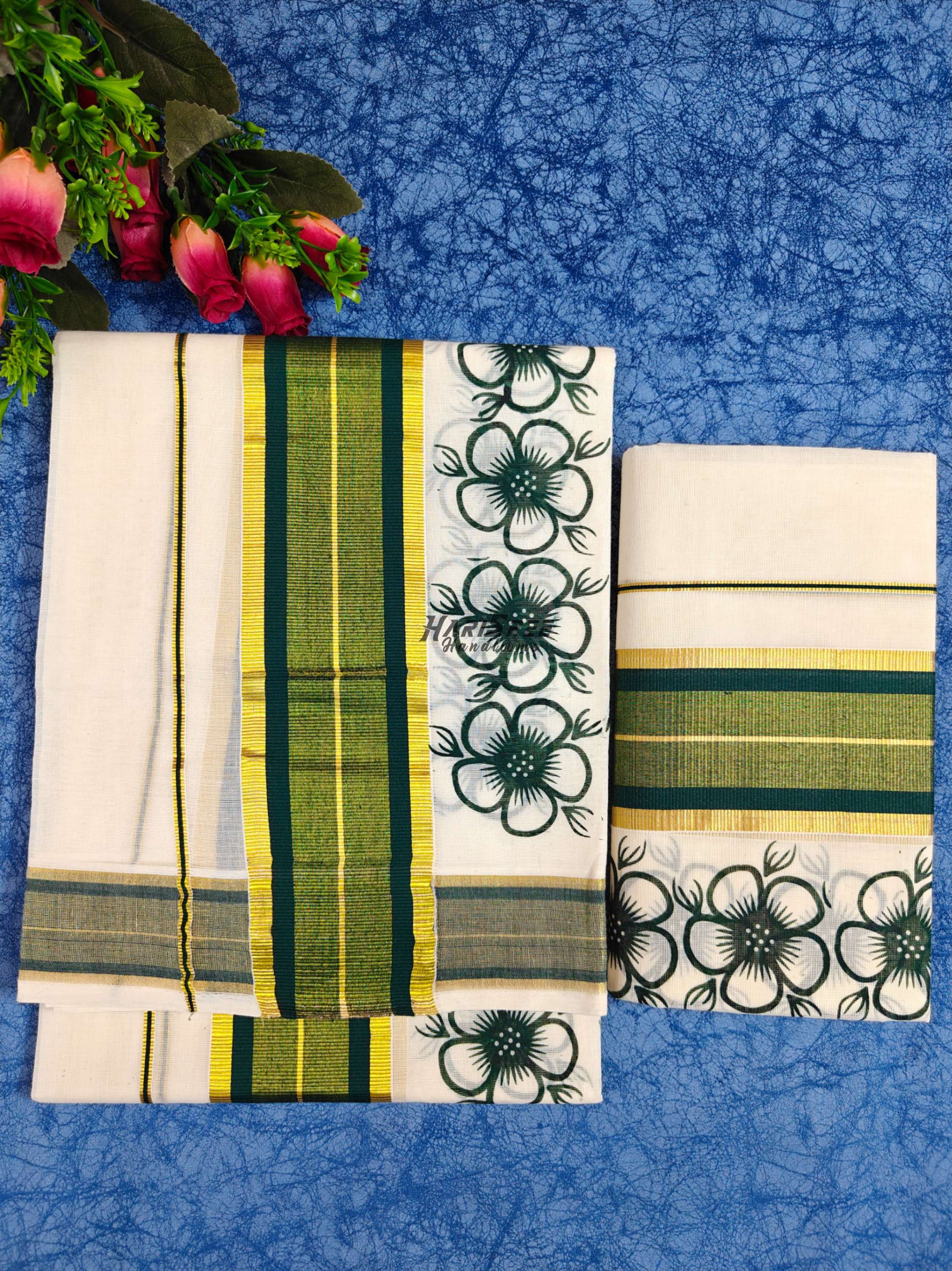 Traditional Kerala Kasavu Set Mundu – Green Floral Border - HS2023