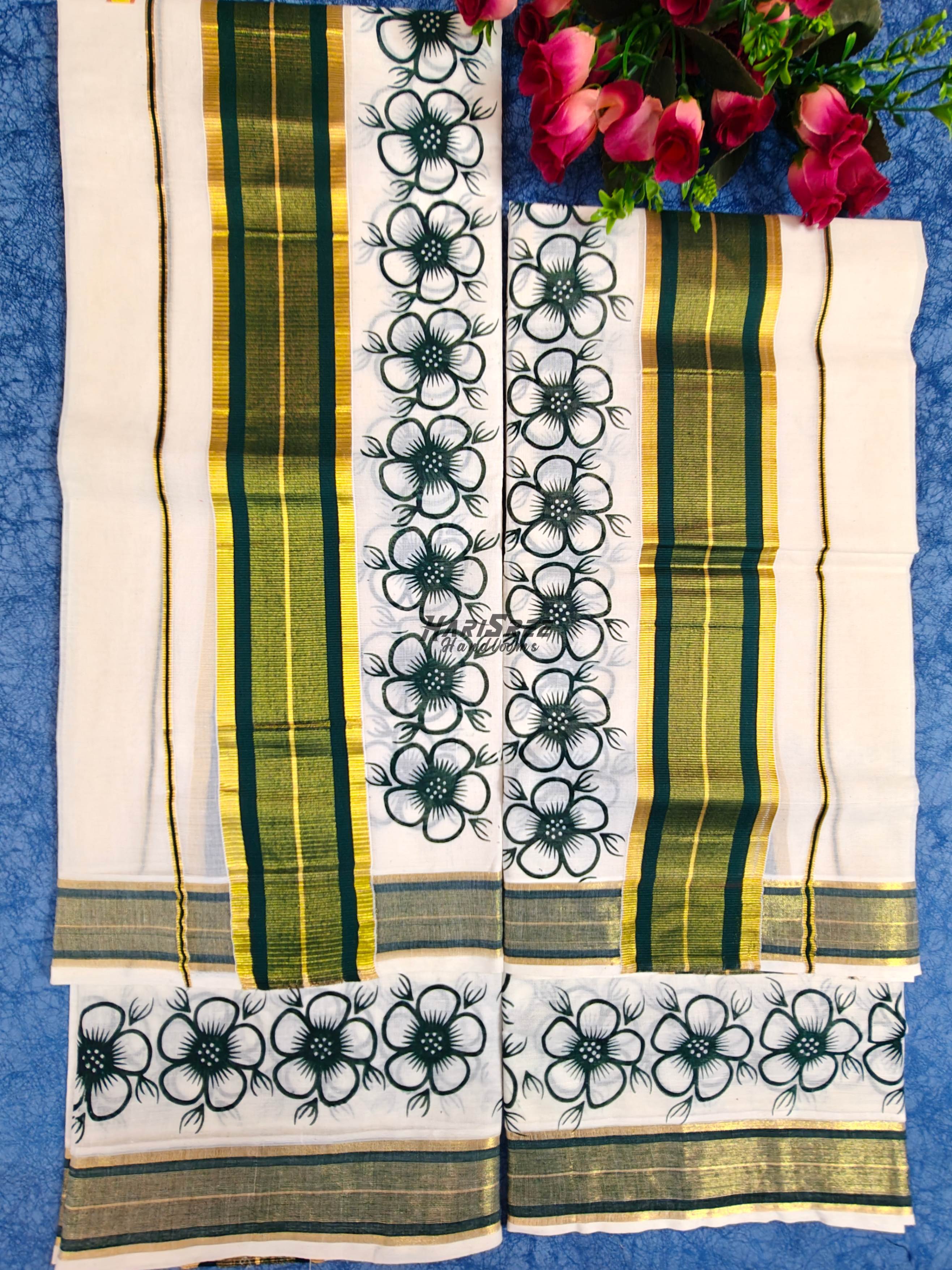 Traditional Kerala Kasavu Set Mundu – Green Floral Border - HS2023 - Image 3