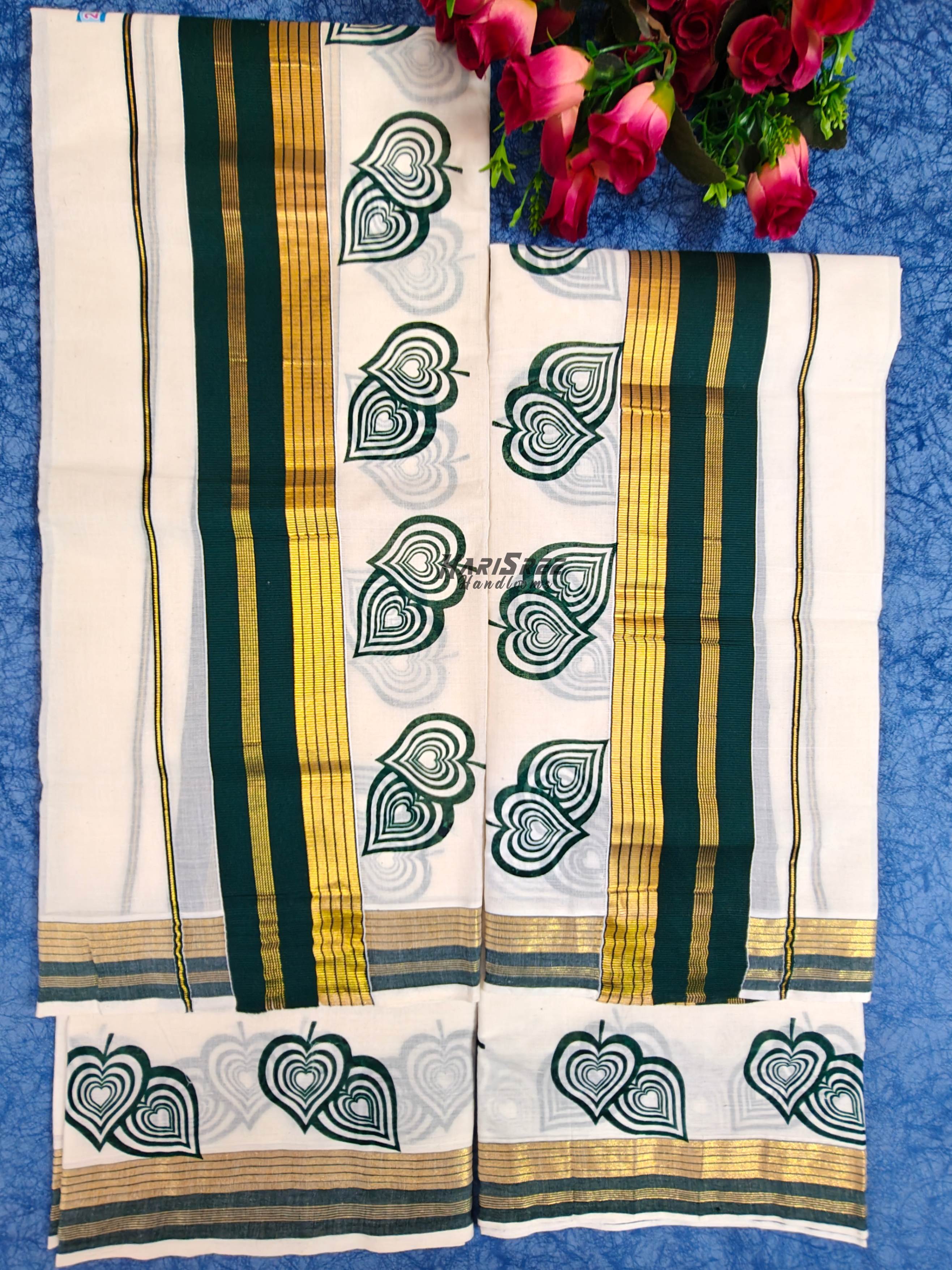 Kerala Set Mundu with Green & Gold Kasavu Border  Heart Motif Design- HS2024 - Image 3