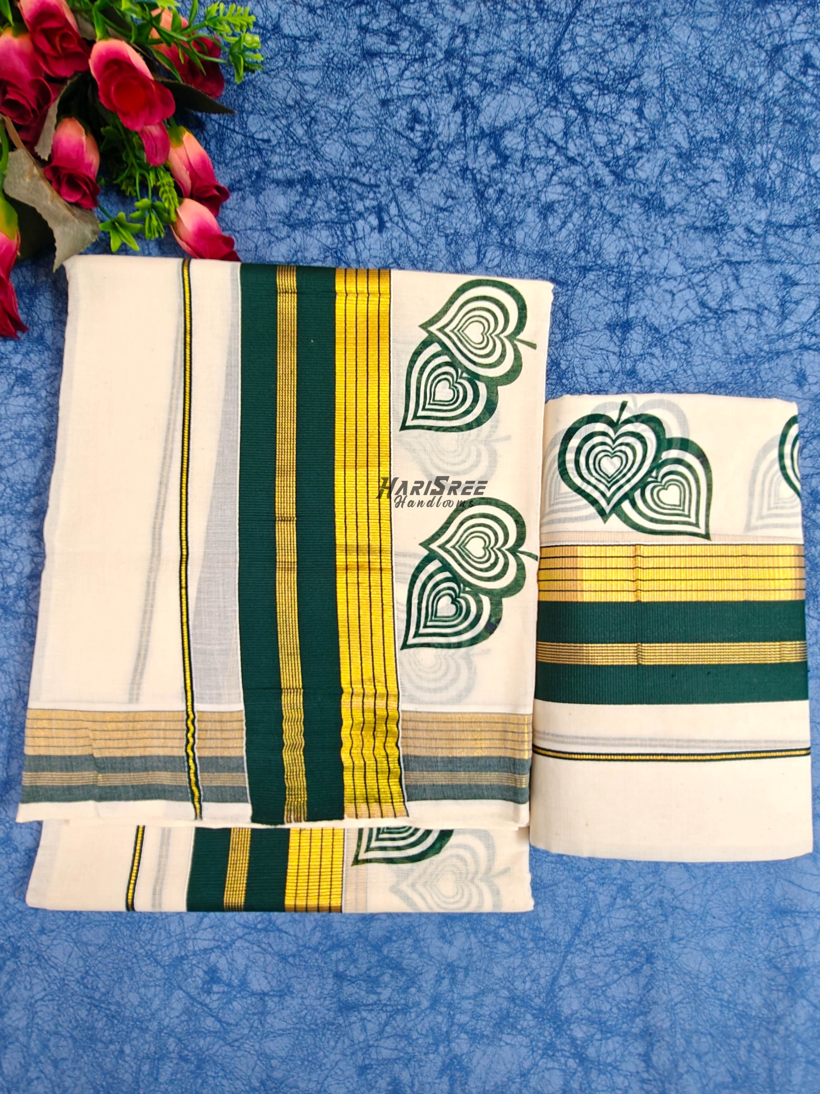 Kerala Set Mundu with Green & Gold Kasavu Border  Heart Motif Design- HS2024