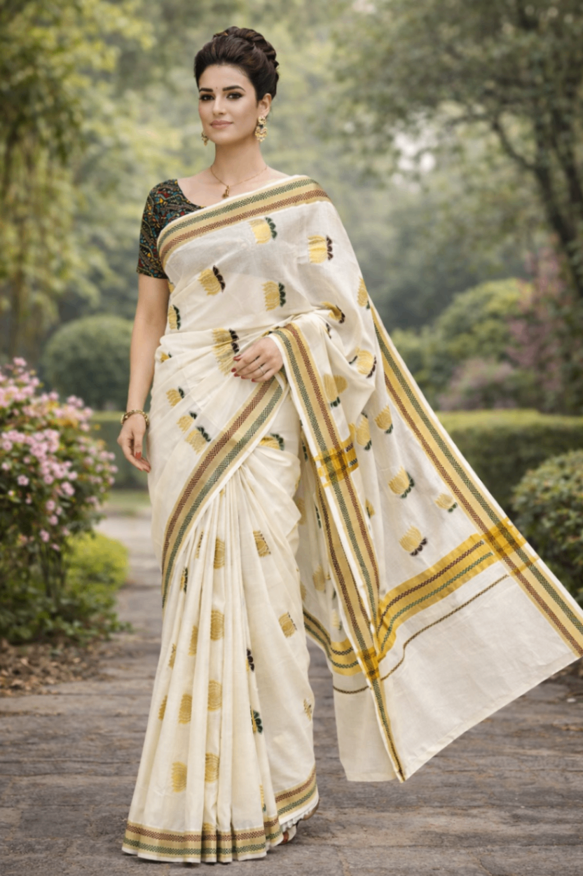 Pure Cotton Lotus Desigin Jacquard Set Saree - HT108