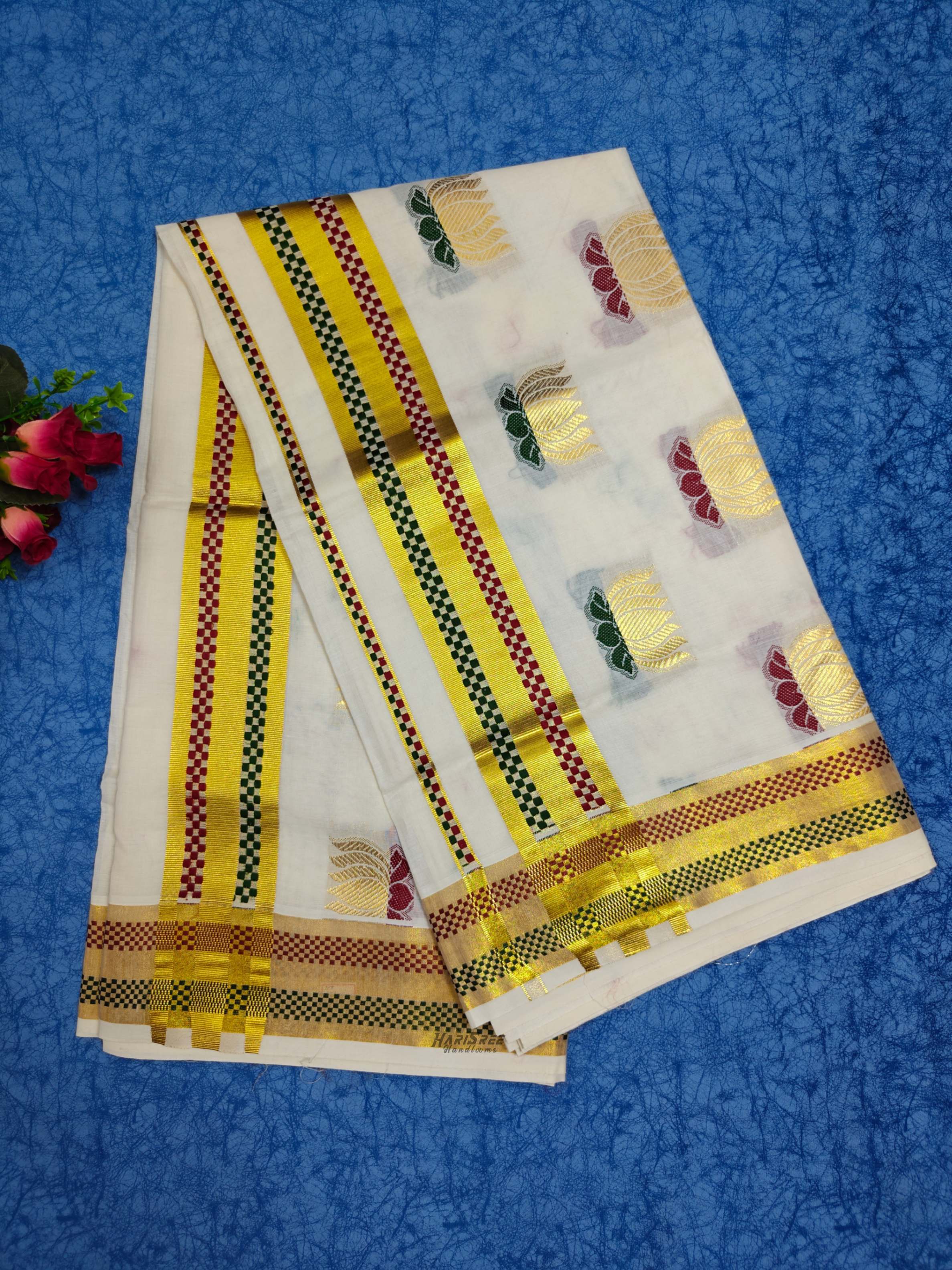 Pure Cotton Lotus Desigin Jacquard Set Saree - HT108 - Image 3