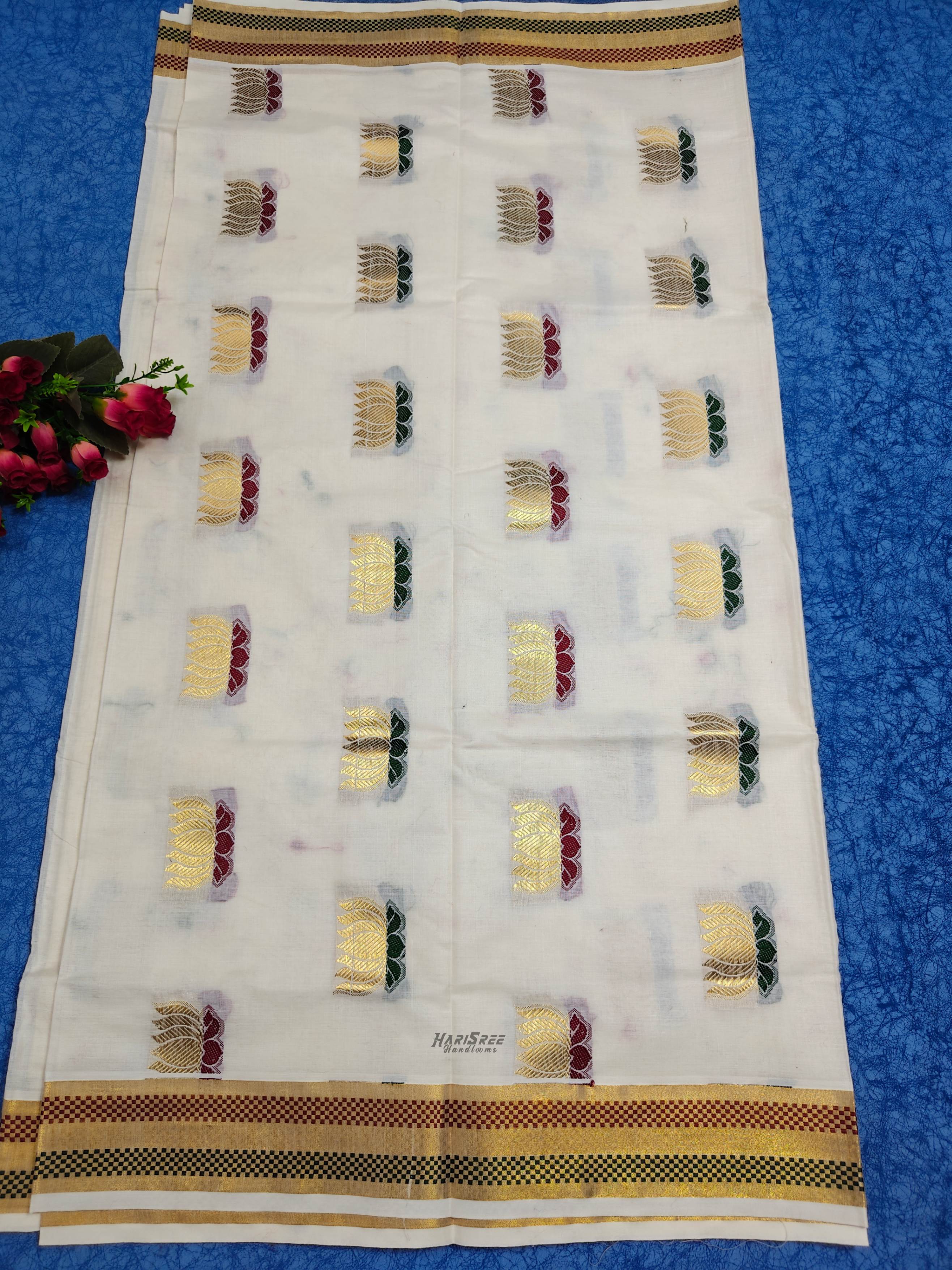 Pure Cotton Lotus Desigin Jacquard Set Saree - HT108 - Image 4