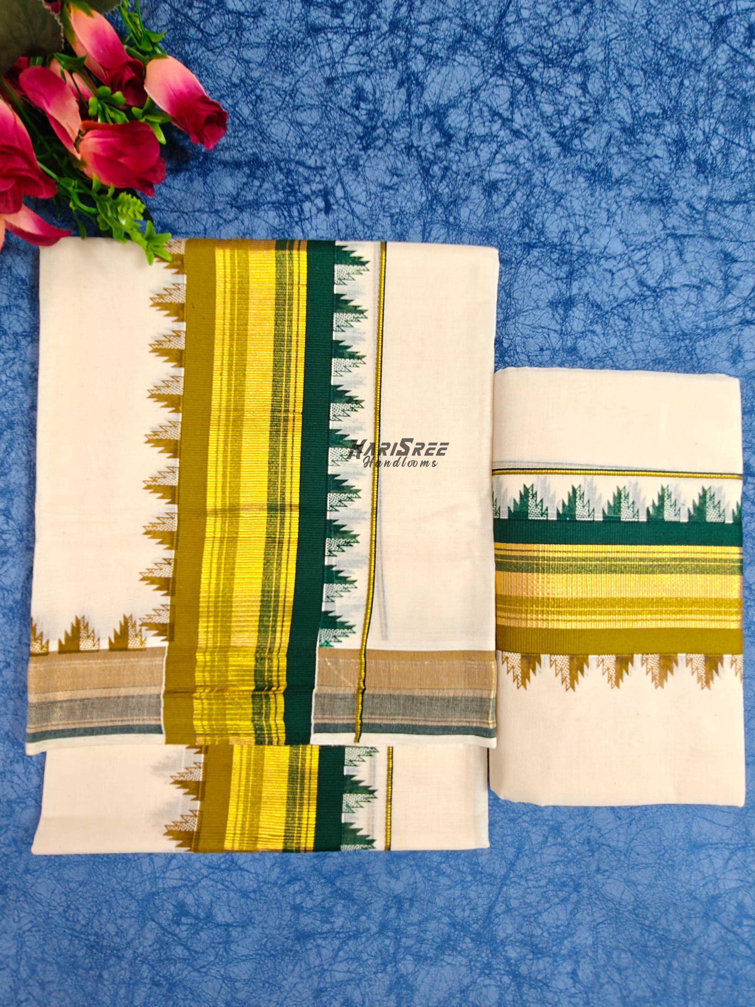 Traditional Kerala Kasavu Set Mundu – Green Temple Border - HS2025 - Image 2