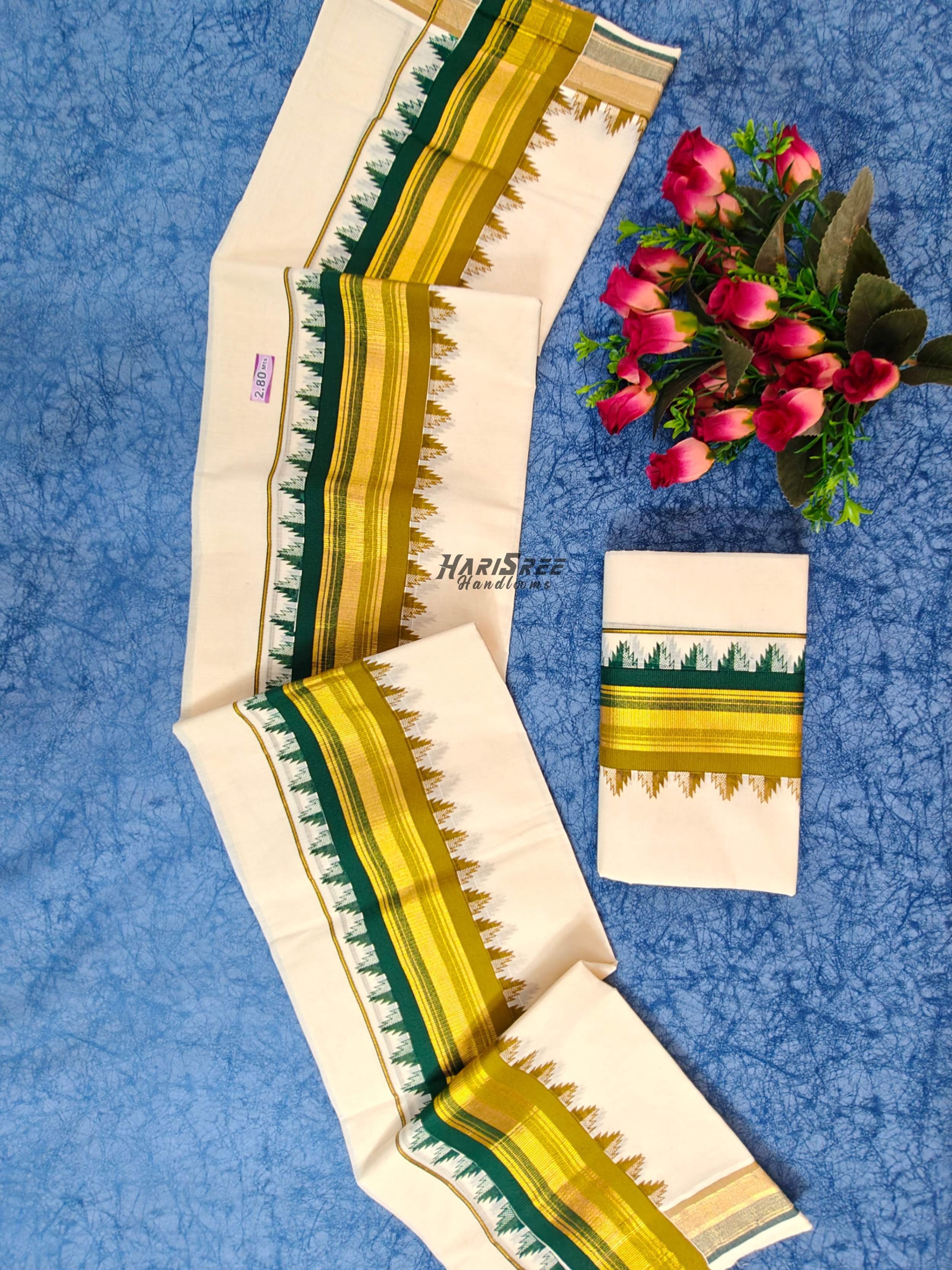 Traditional Kerala Kasavu Set Mundu – Green Temple Border - HS2025 - Image 1