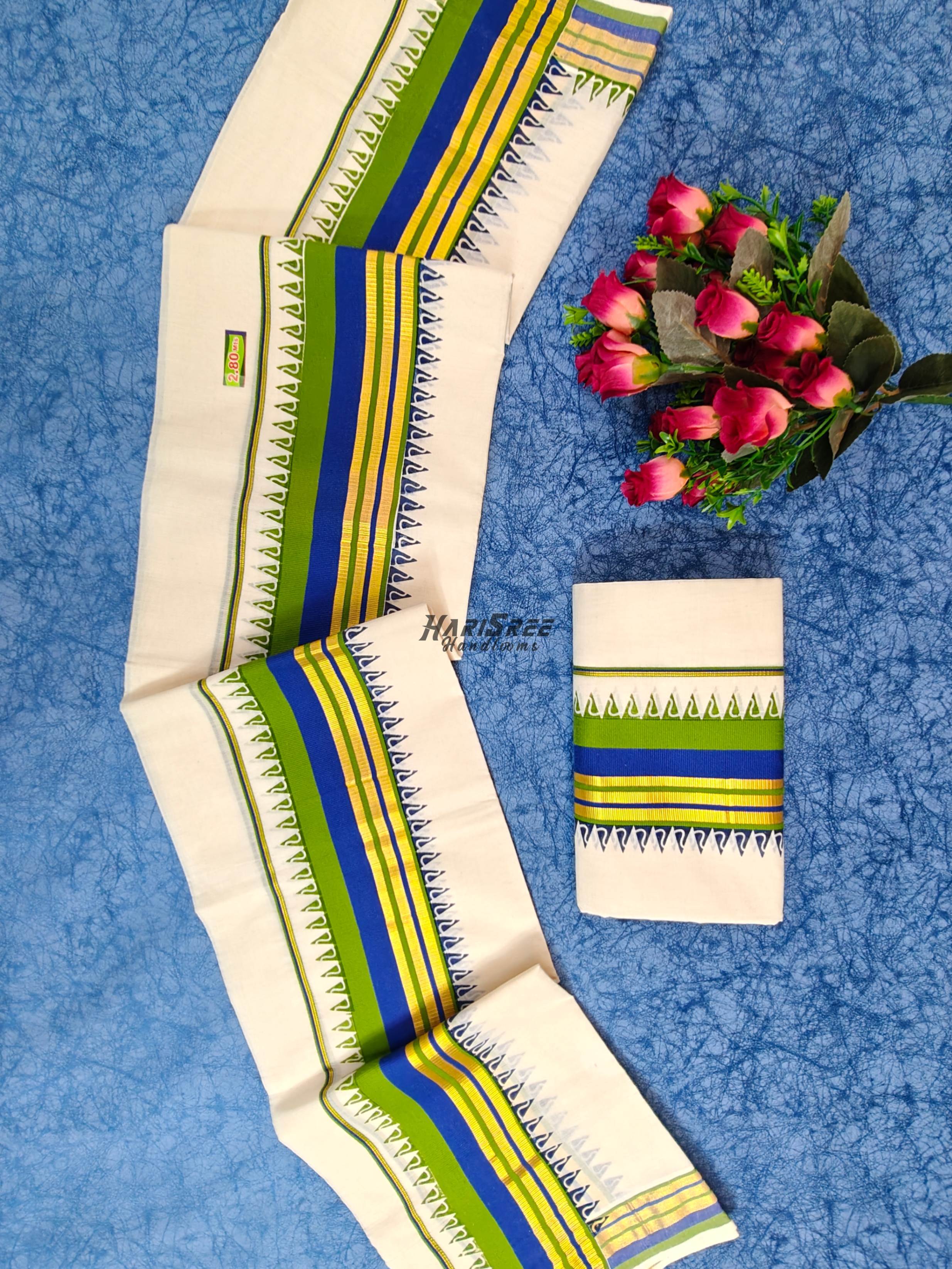 Elegant Kerala Set Mundu for Women  Blue Green Kasavu Style - HS2026 - Image 2
