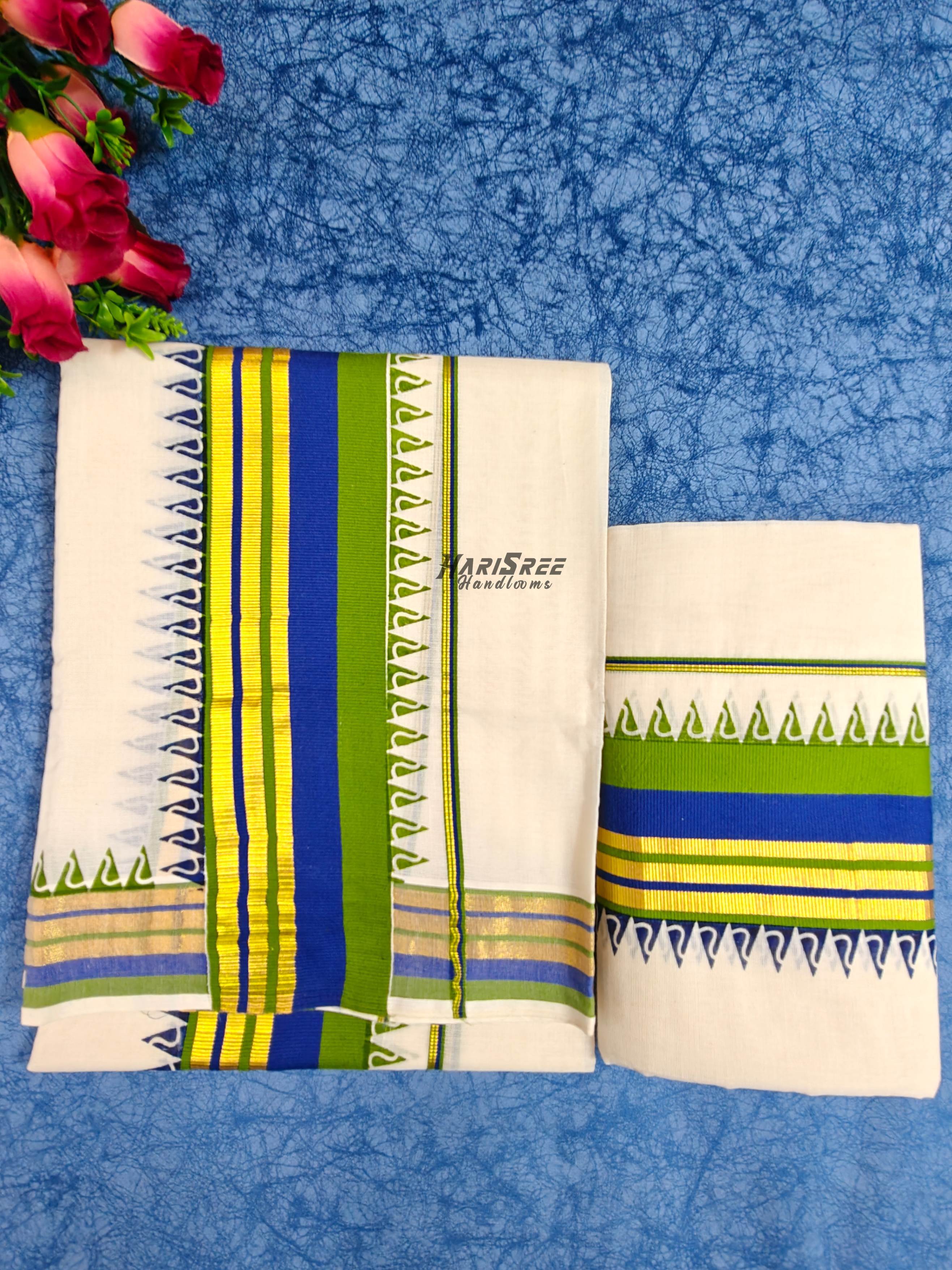 Elegant Kerala Set Mundu for Women  Blue Green Kasavu Style - HS2026 - Image 3