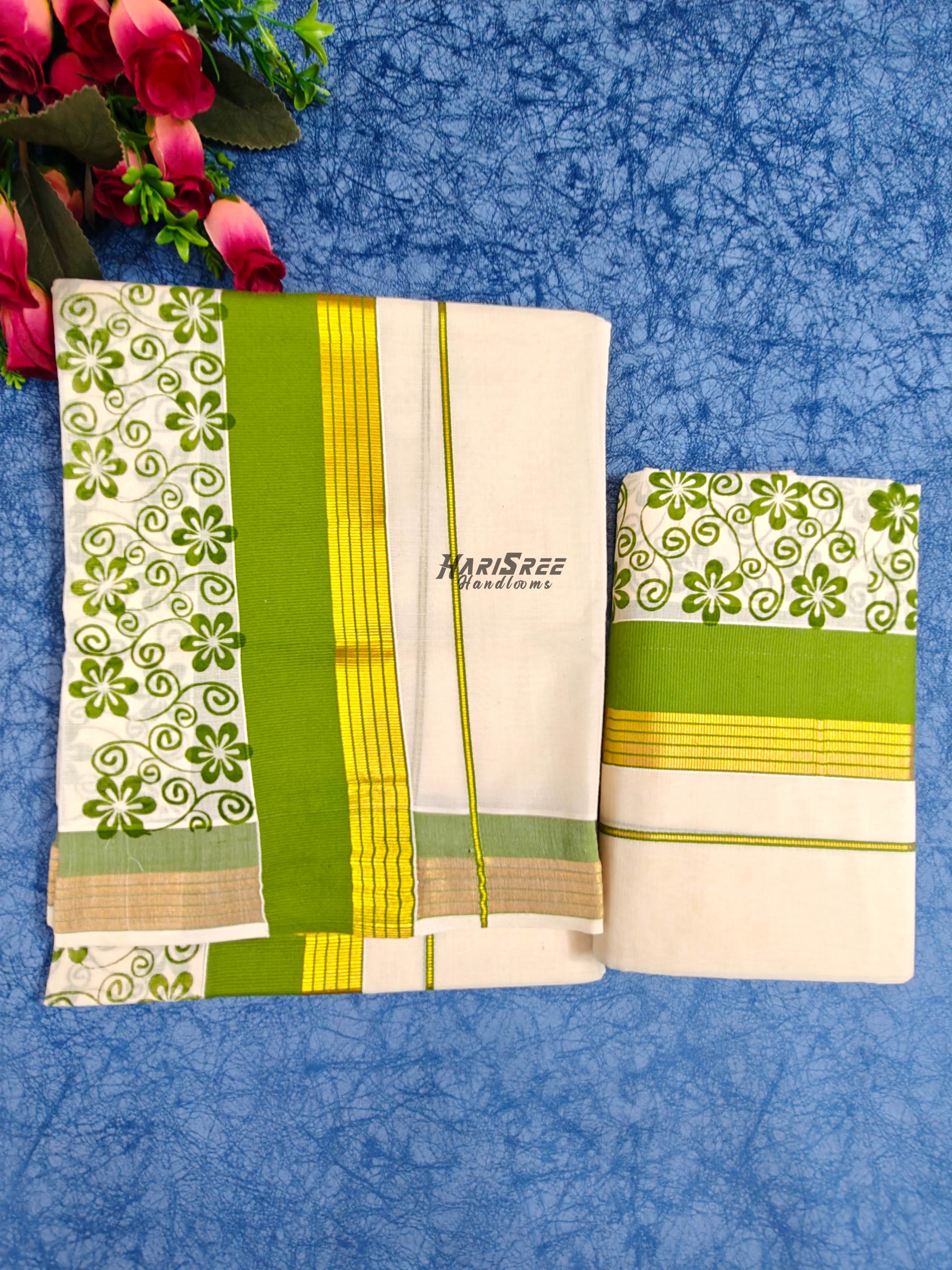 Kerala Set Mundu with Green & Gold Kasavu Border  Floral Vine Design - HS2027 - Image 1