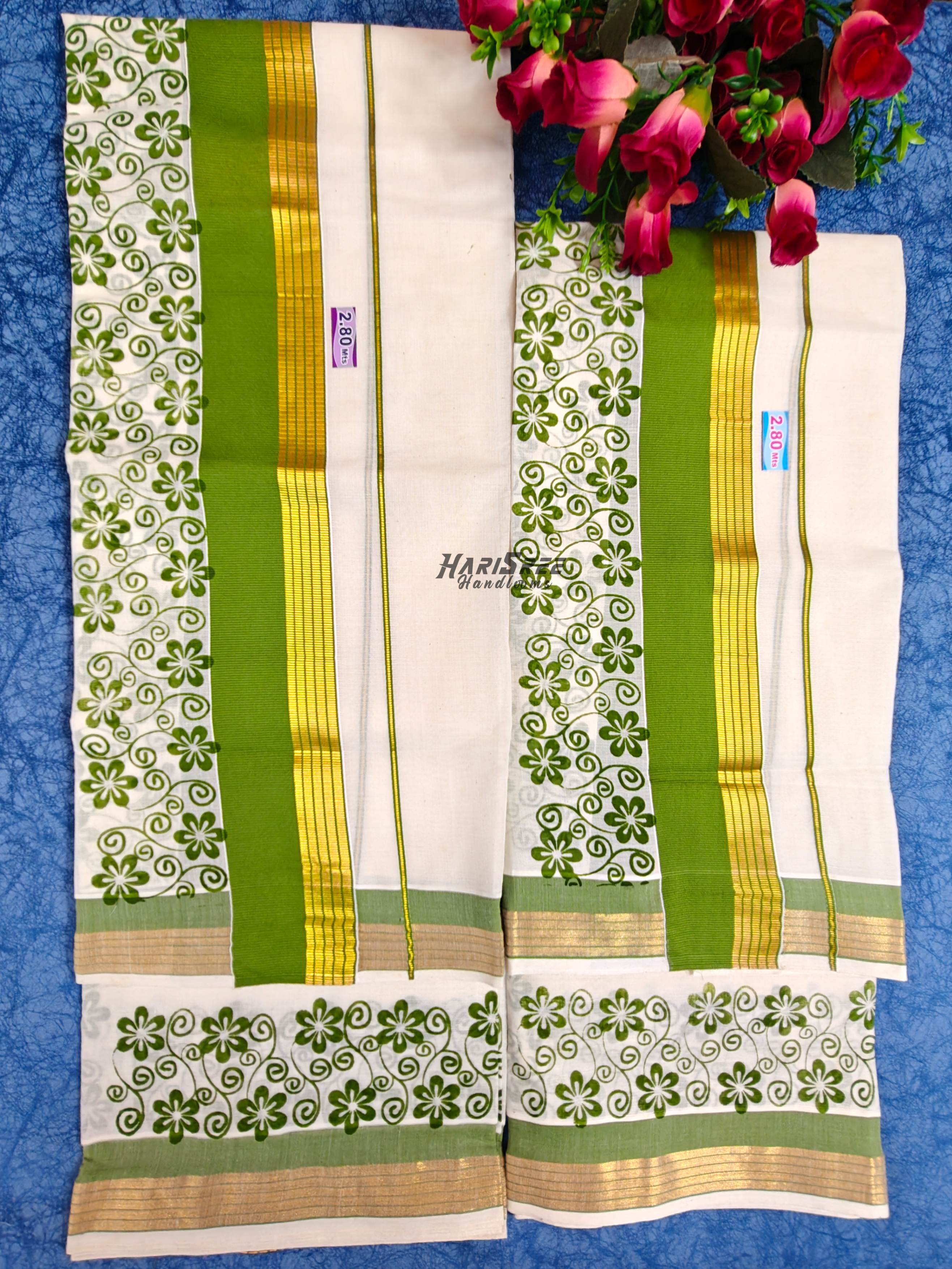 Kerala Set Mundu with Green & Gold Kasavu Border  Floral Vine Design - HS2027 - Image 2