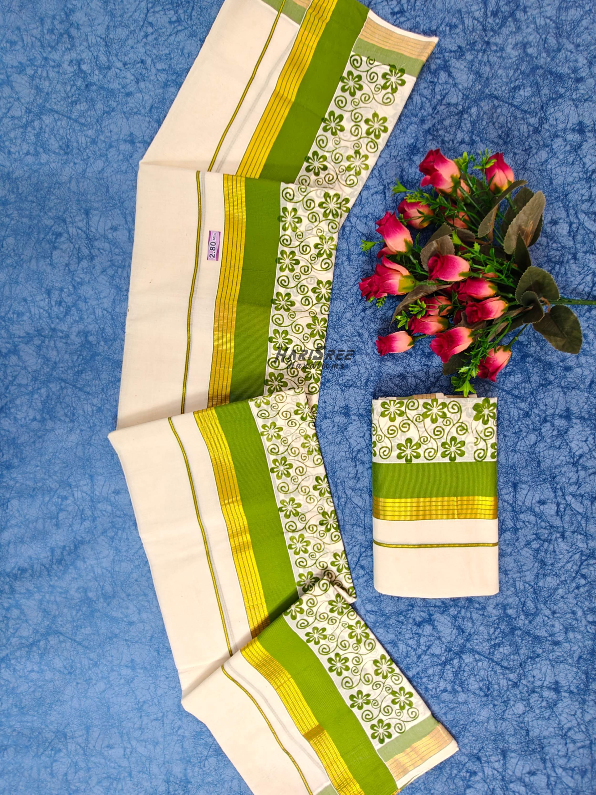 Kerala Set Mundu with Green & Gold Kasavu Border  Floral Vine Design - HS2027 - Image 3