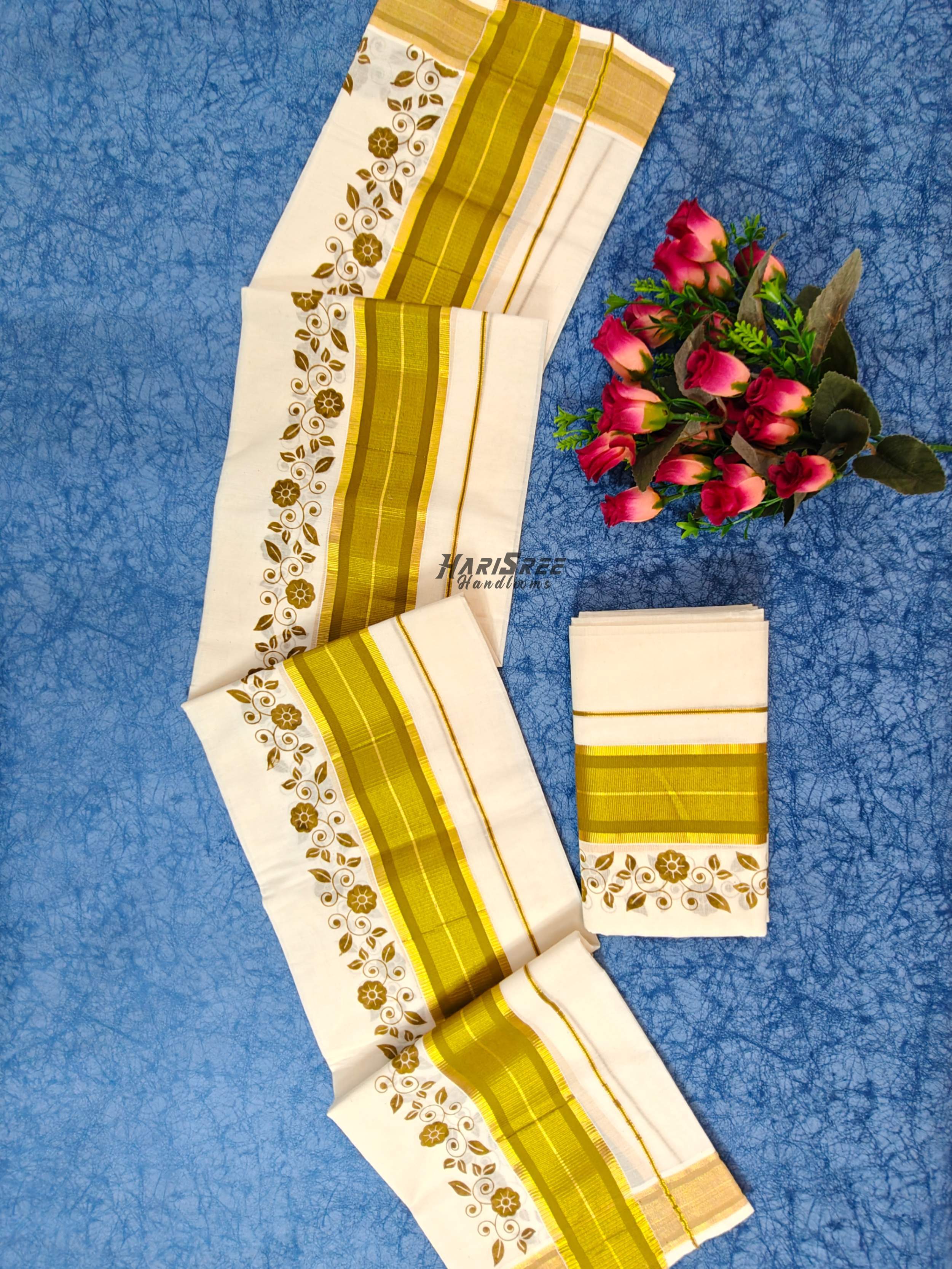 Premium Kerala Set Mundu  Gold Kasavu Floral Design - HS2028 - Image 1