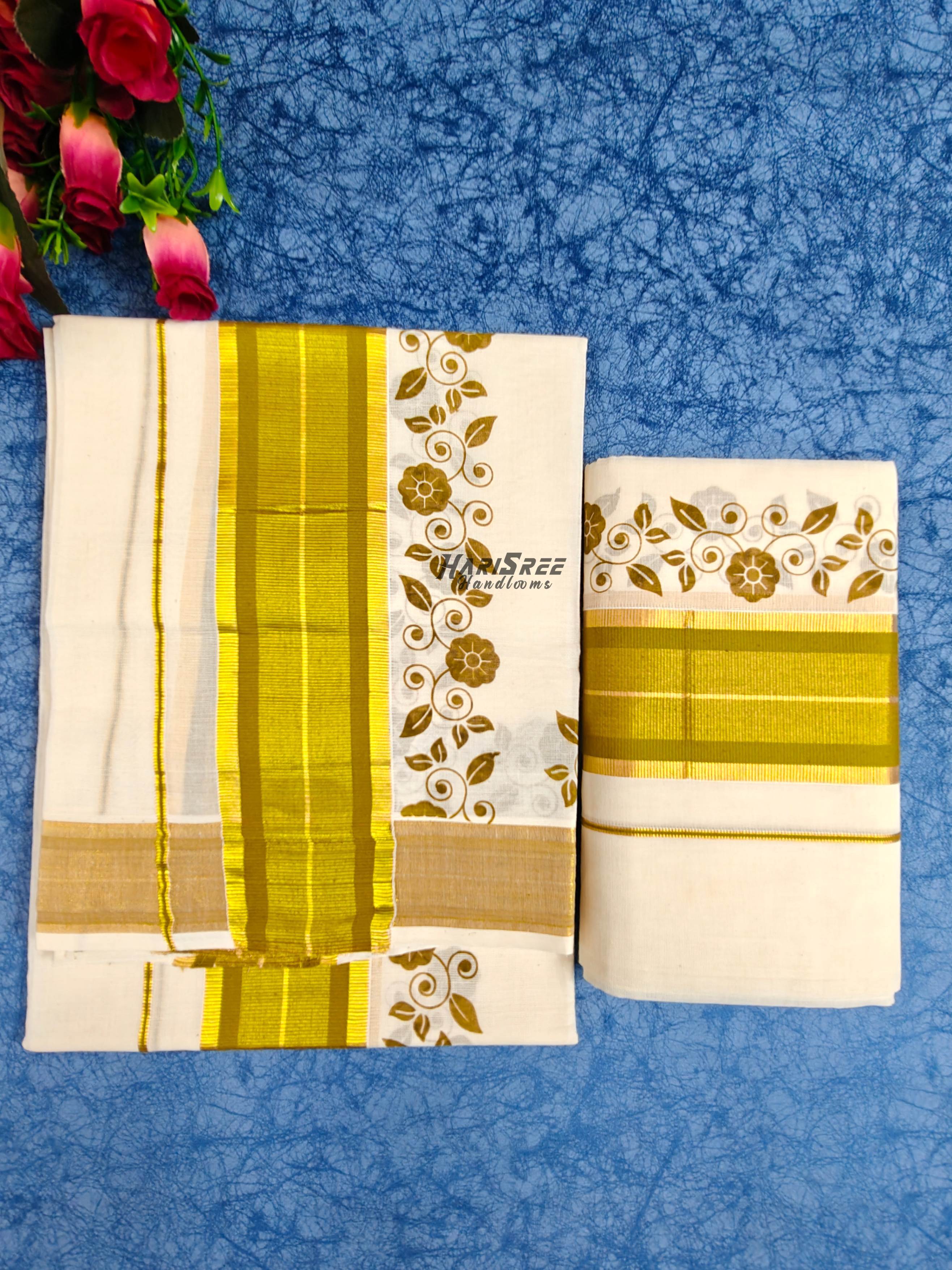 Premium Kerala Set Mundu  Gold Kasavu Floral Design - HS2028 - Image 2